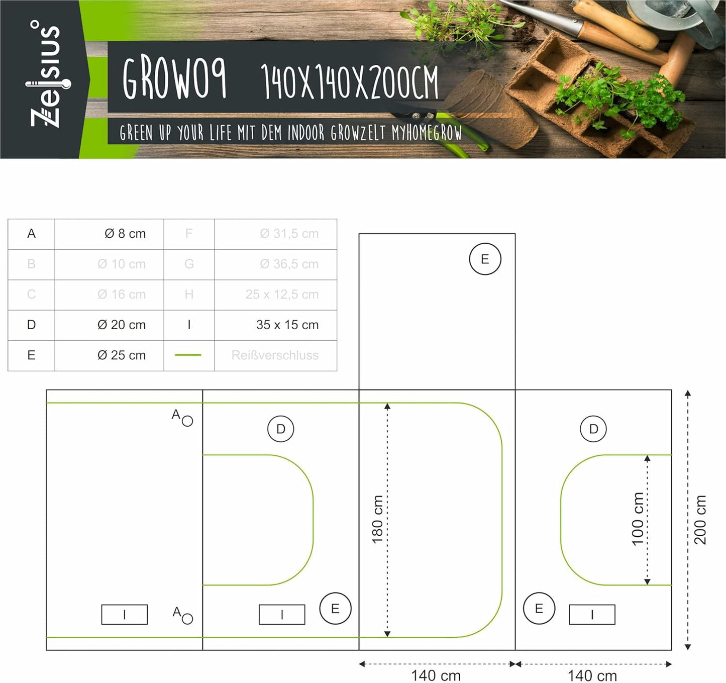 Growzelt MyHomeGrow (140 x 140 x 200 cm), Schwarz 140 x 140 x 200 cm