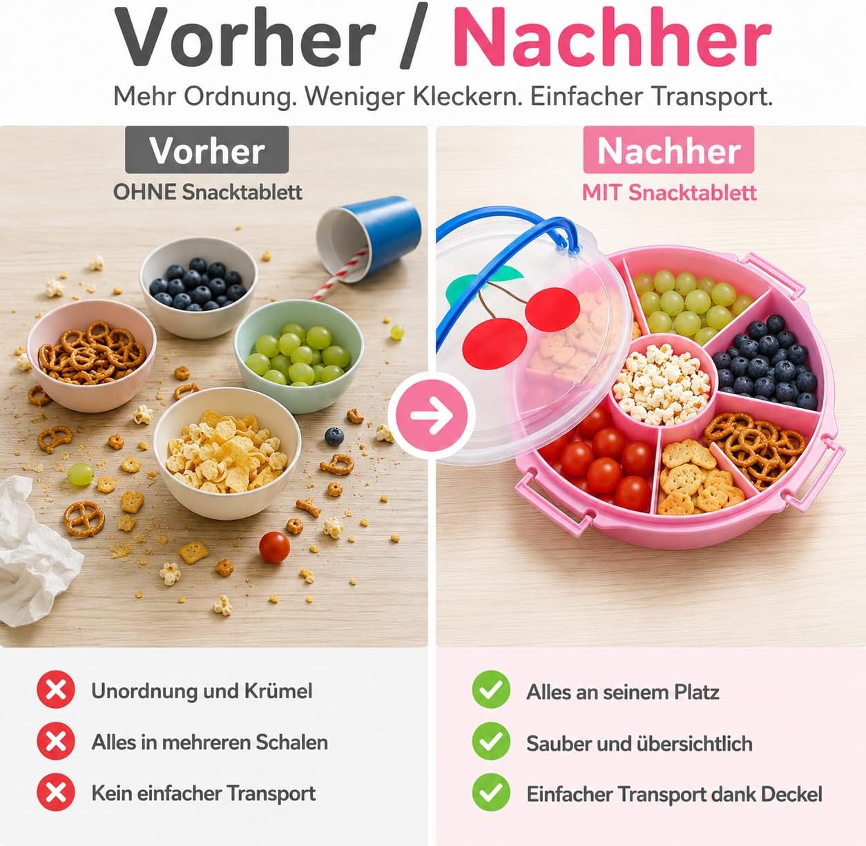 Snackbox mit Fächern und Deckel für Obst und Dips, Kirsche
