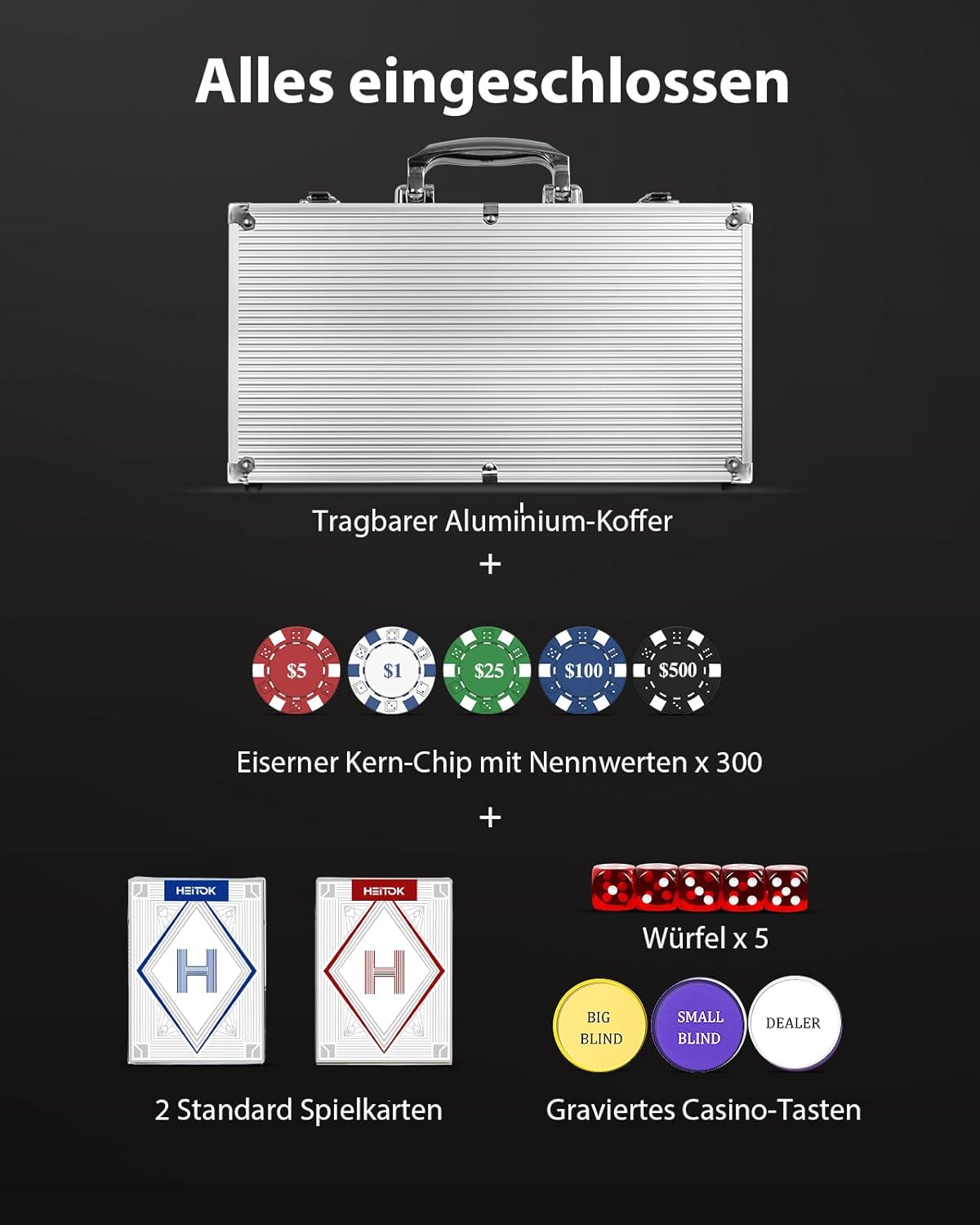 Pokerkoffer Set mit 300 Chips & Zubehör, 300 Chips mit Zahlen