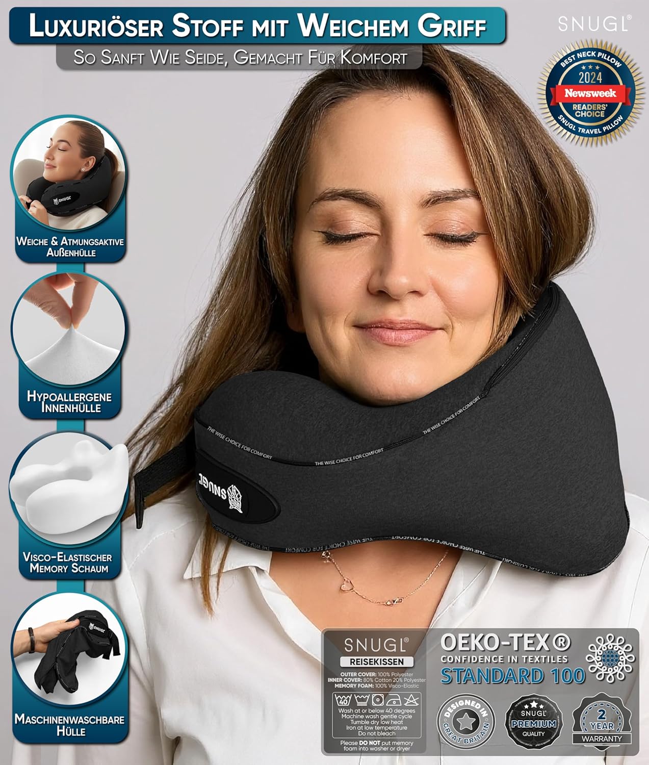 Verstellbares Memory Foam Nackenkissen für Reisen, Erwachsener Klein Schwarz