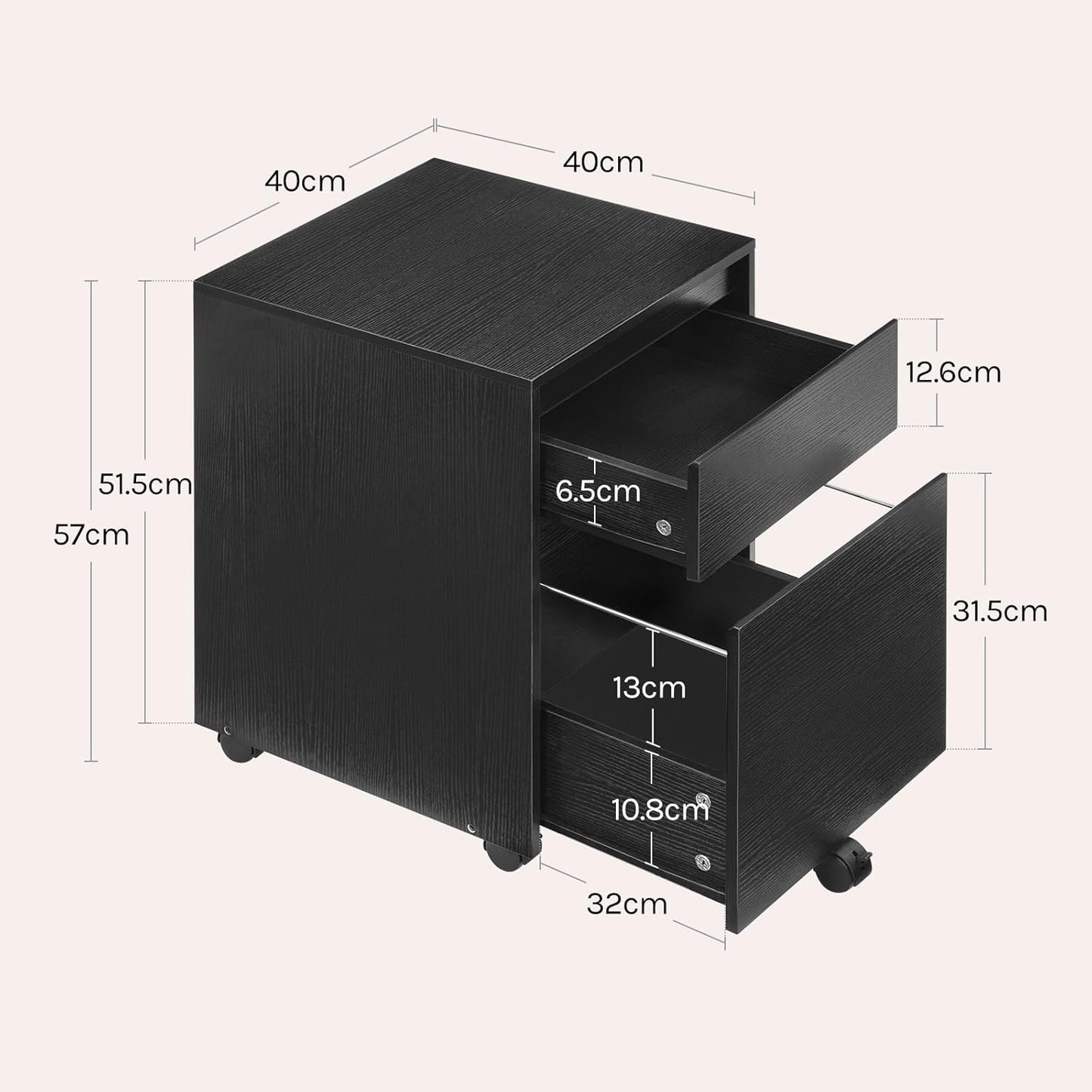Rollcontainer mit 2 Schubladen, 2 Ablagen(40T x 40B x 56H cm) Schwarz
