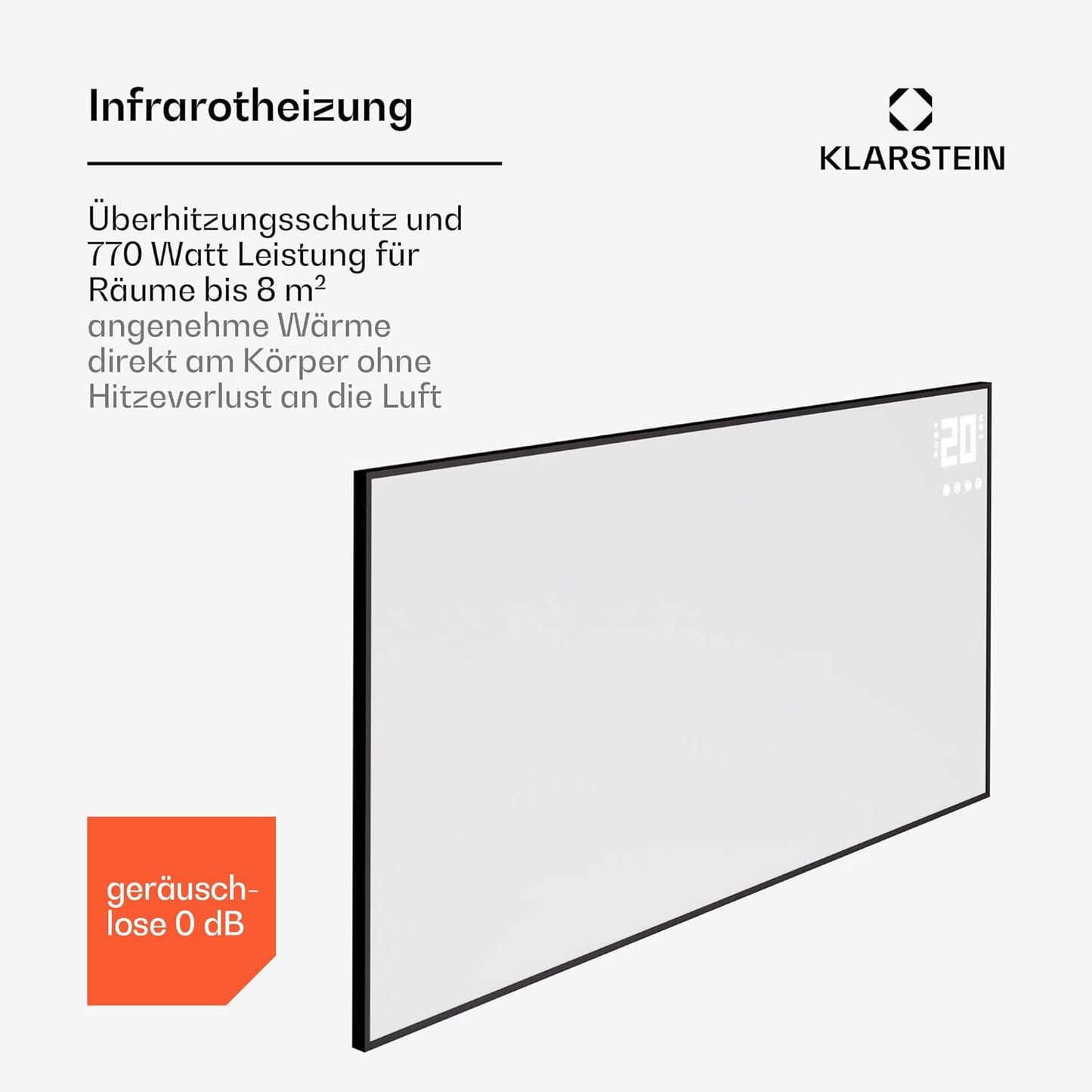 Infrarotheizung mit Thermostat & App-Steuerung, 770 W Weiss / Schwarz Horizontal