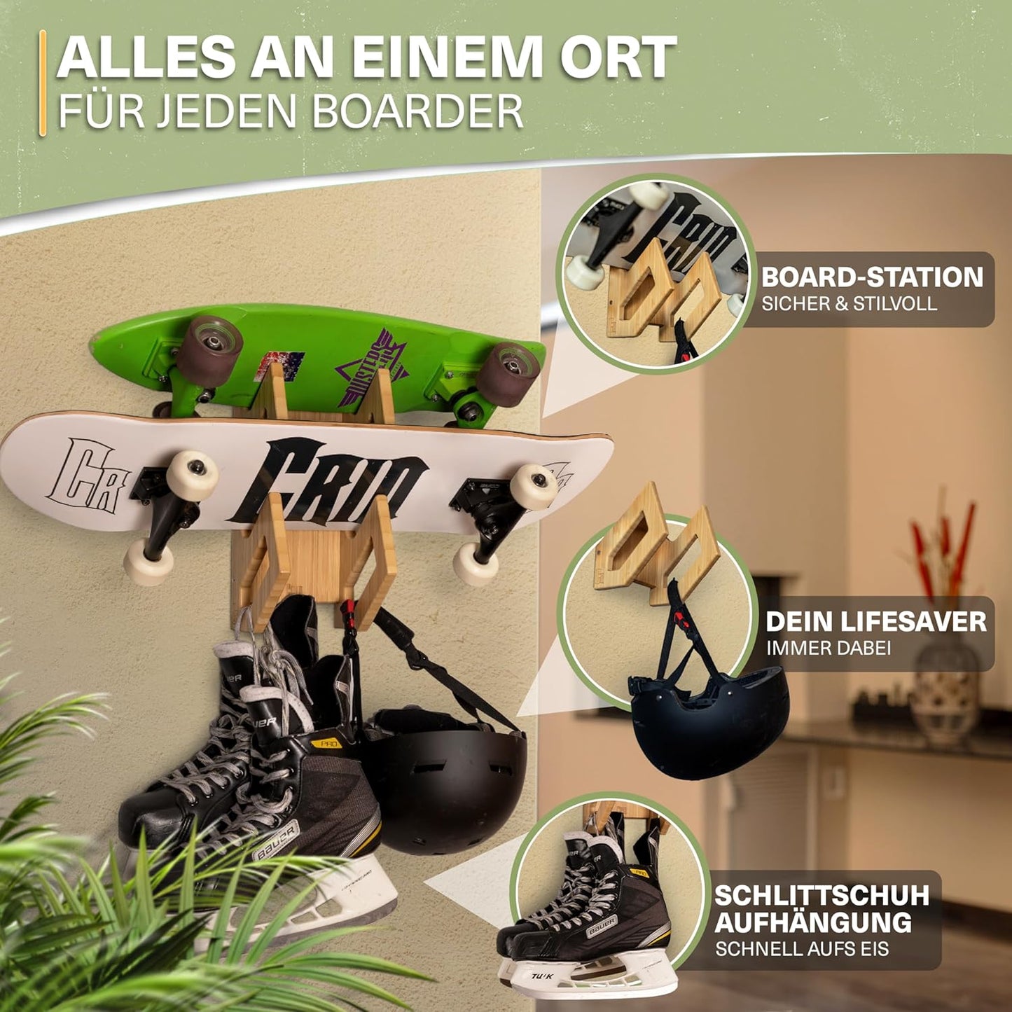 Doppel Skateboard Wandhalterung aus Bambus