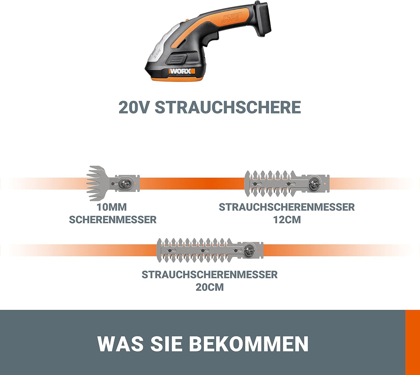 WG801E.9 Akku-Gras- und Strauchschere, ohne Akku Single