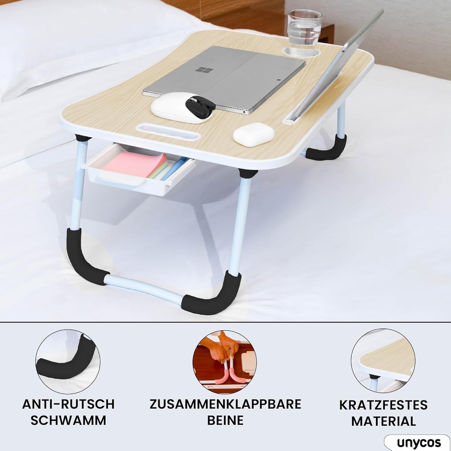 Klappbares Betttablett mit Griff, Schublade und Getränkehalter, Mit schublade Holz mit Schublade