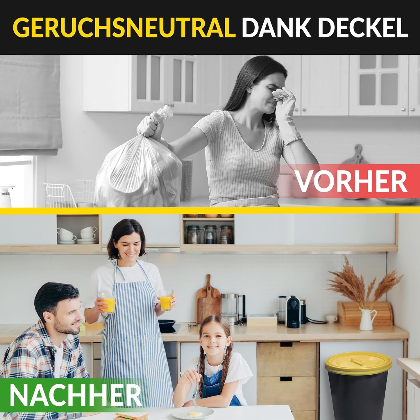 Müllsackständer 60L mit Deckel und Ring, schwarz-gelb