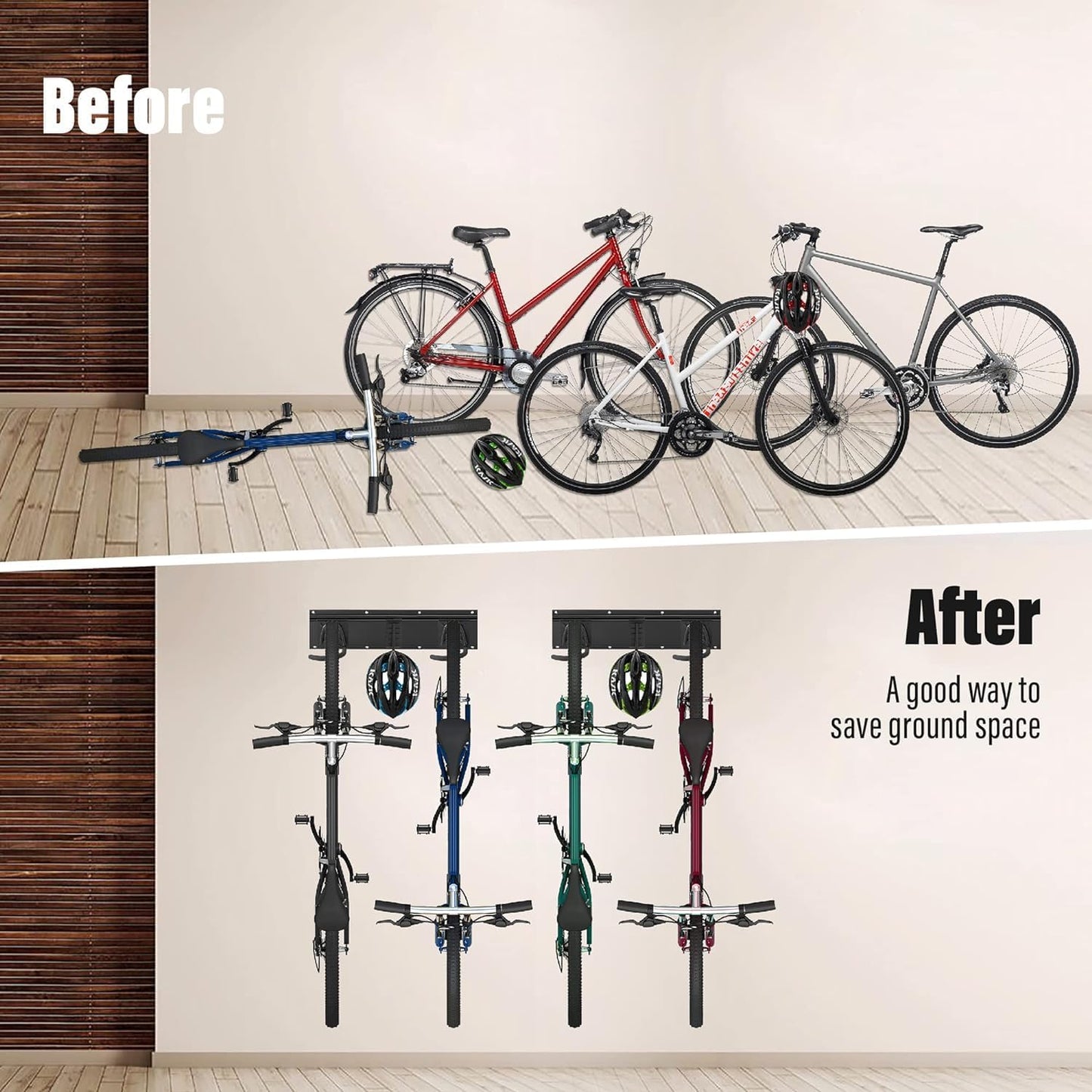 Velo-Wandhalterung für 4 Velos und 3 Helme, 4 Fahrräde -16Zoll - 2 Schienen+3 Helmhaken