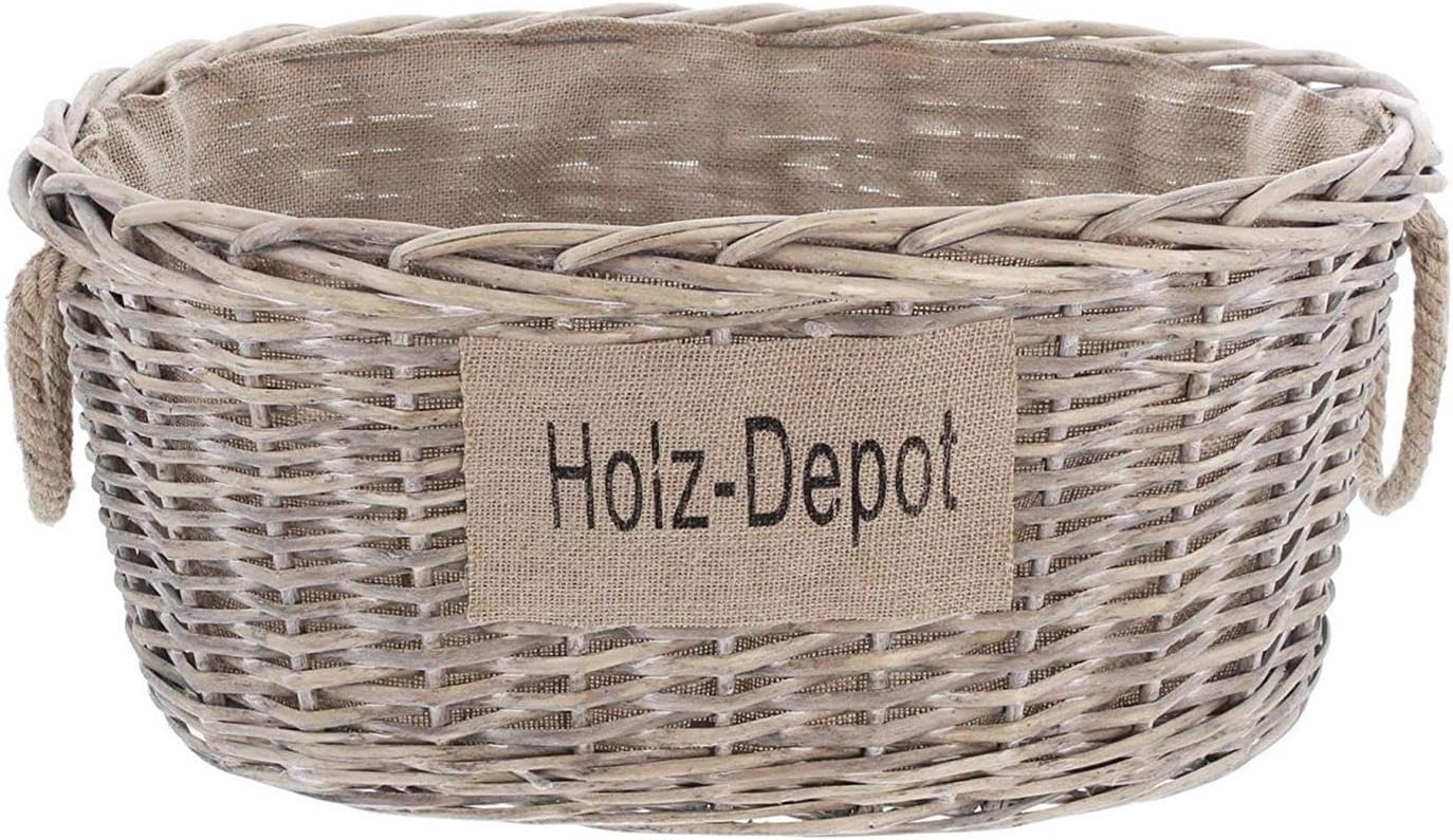 Feuerholzkorb aus Weide im Shabby Look, mit Stoffpatch