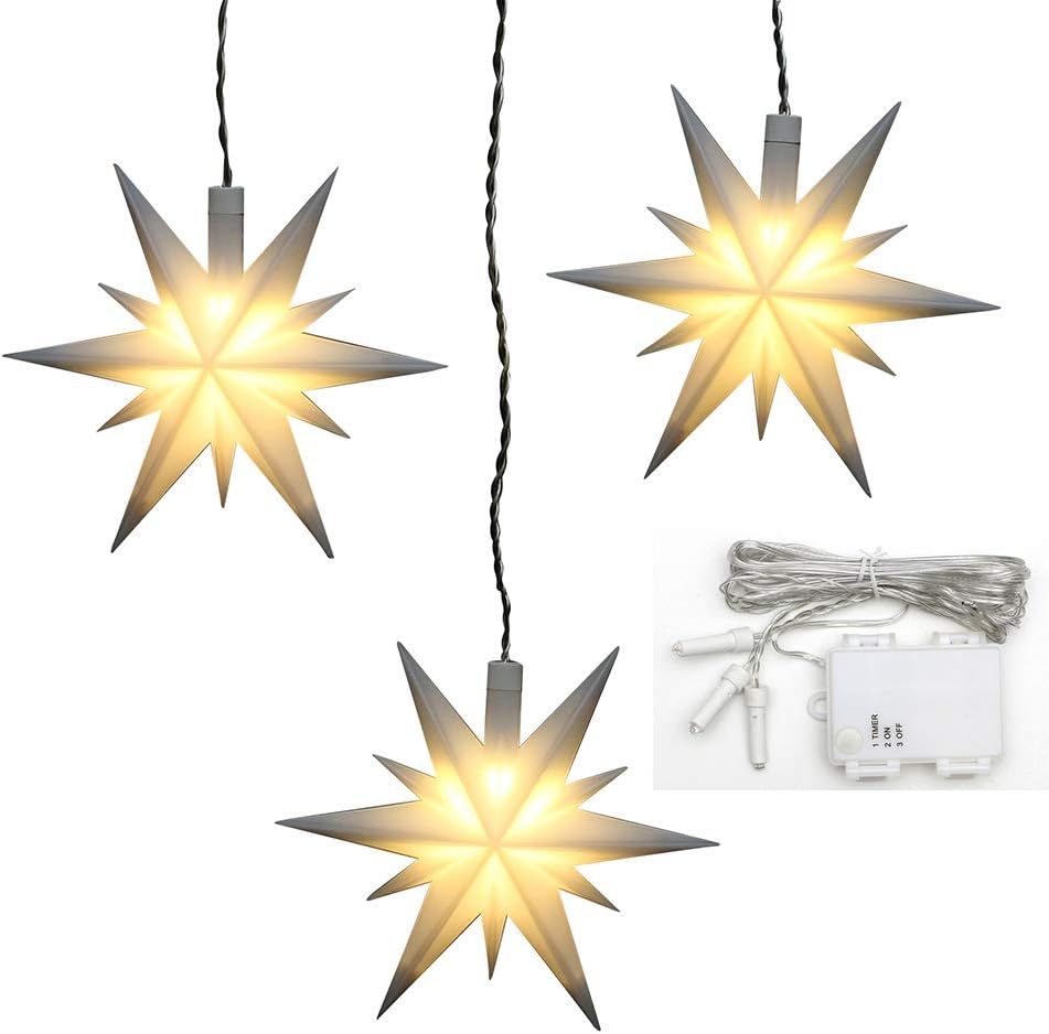 3er-Set Weihnachtssterne mit Timer, Weiss mit Batteriefach
