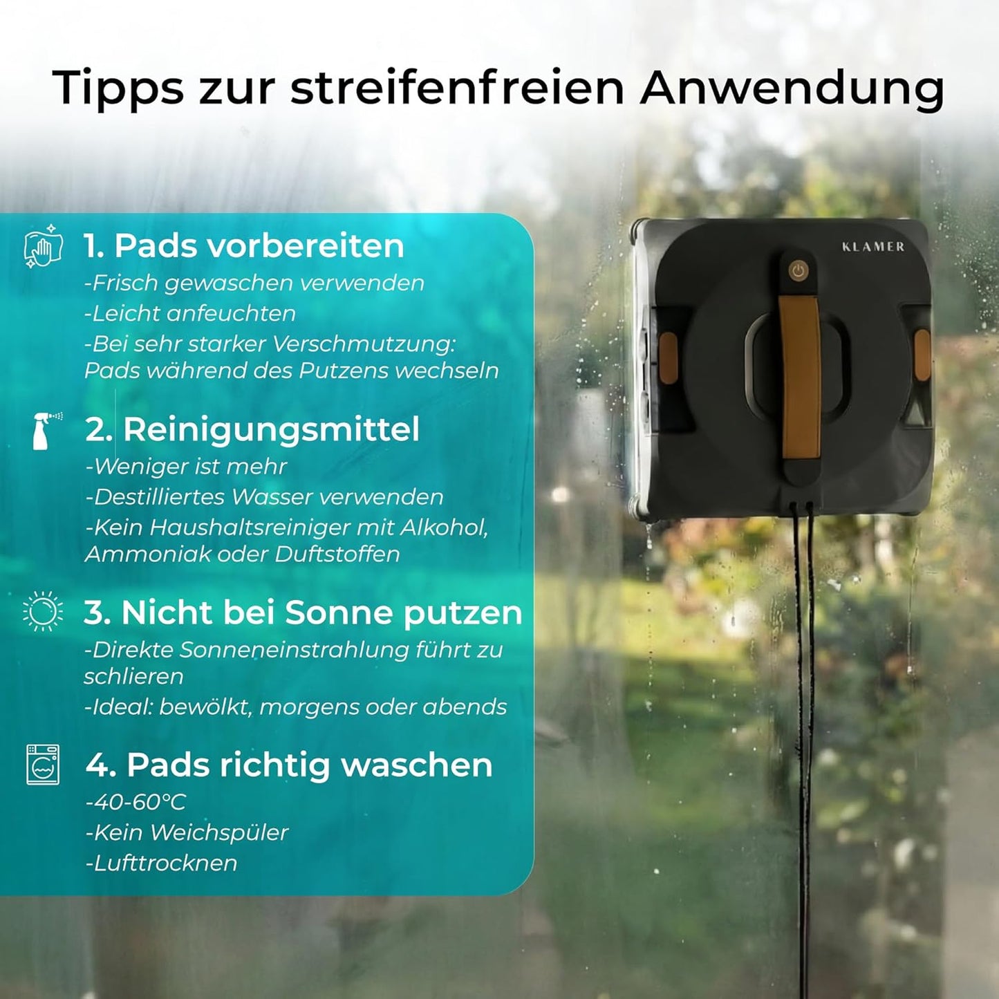 Fensterputzroboter, Kompakter Fensterroboter mit automatischer Kanten-Erkennung, Schwarz