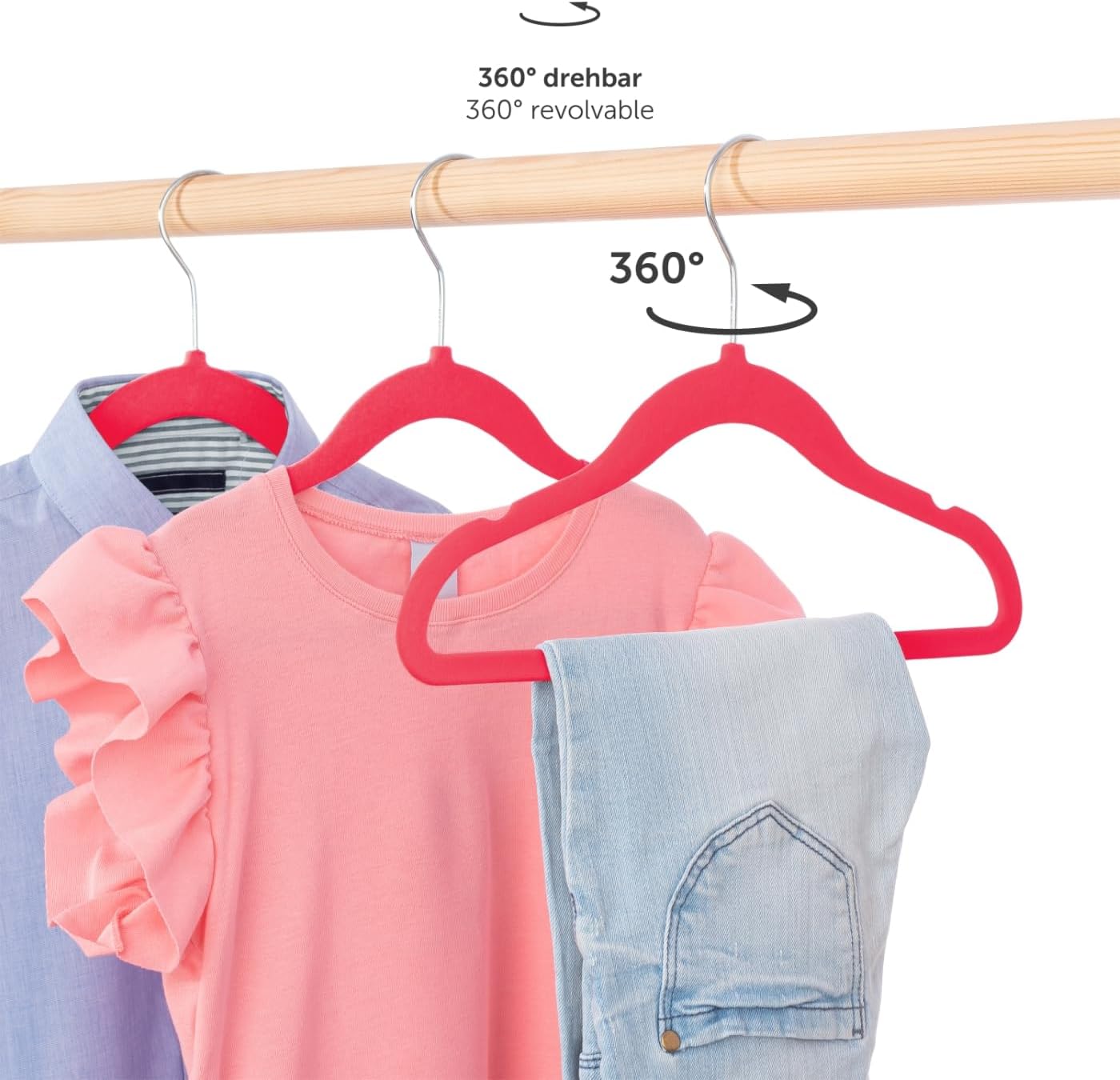 Kinder-Kleiderbügel-Set, Samt, rutschfest, drehbar (30 Stück), 30 Stück Pink