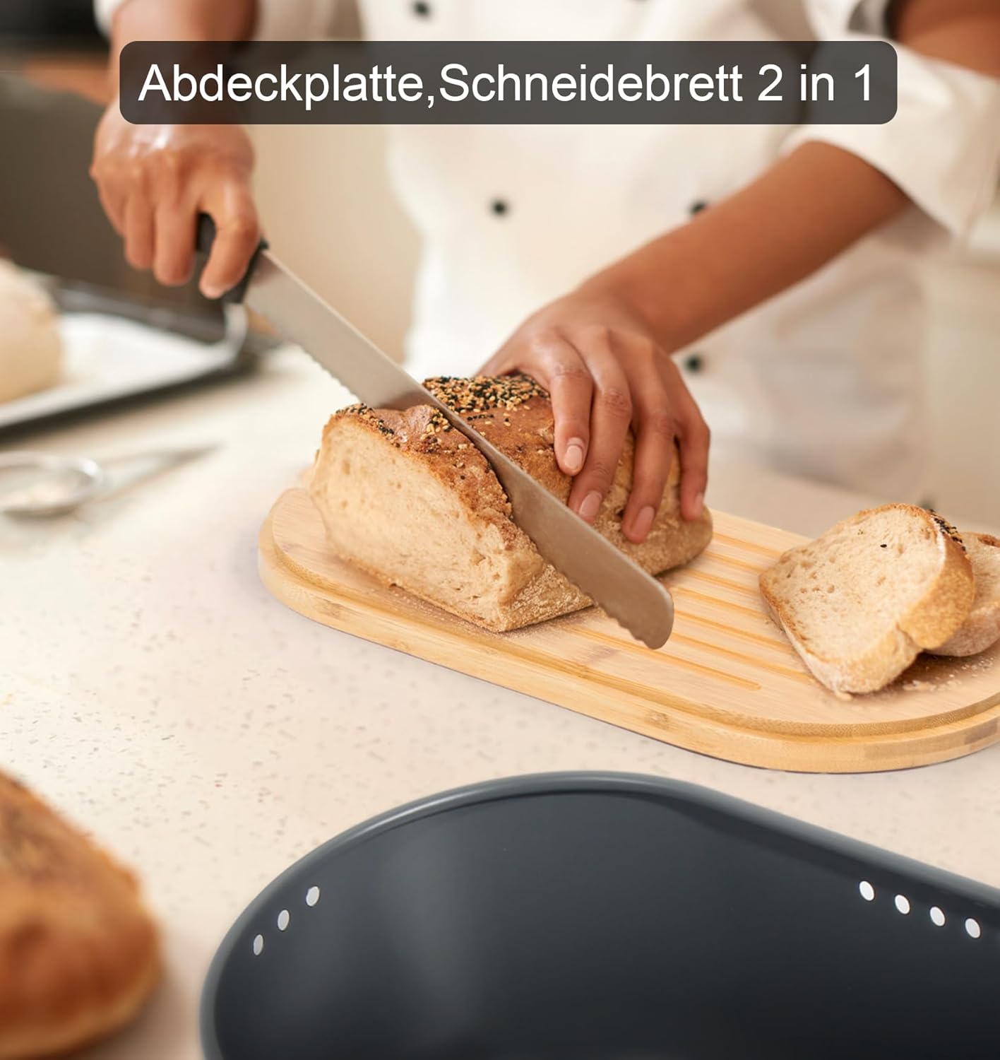 Metall-Brotbox mit Bambusdeckel, grosse Kapazität, 8l-grau-35*19,3*15,5cm