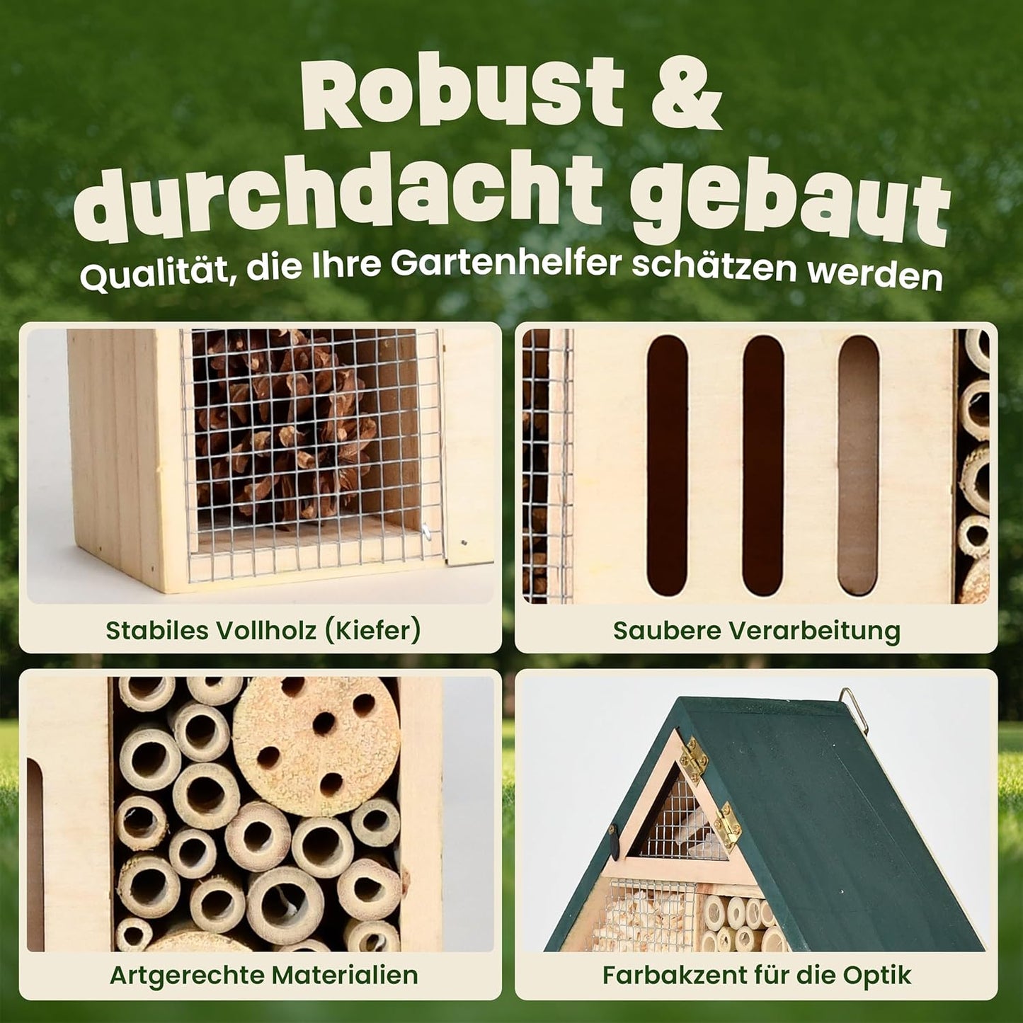 Insektenhotel XXL mit Bambus-Röhrchen (28,5 cm), Kompaktes Insektenhotel – Grünes Dach (28,5 cm)