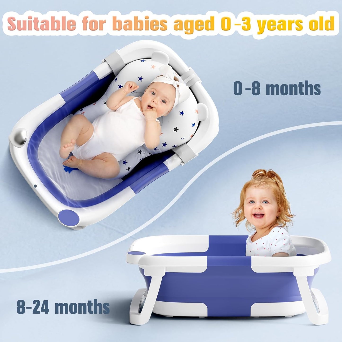 Faltbare Babybadewanne mit Rutschschutz und Abflussloch, Blau