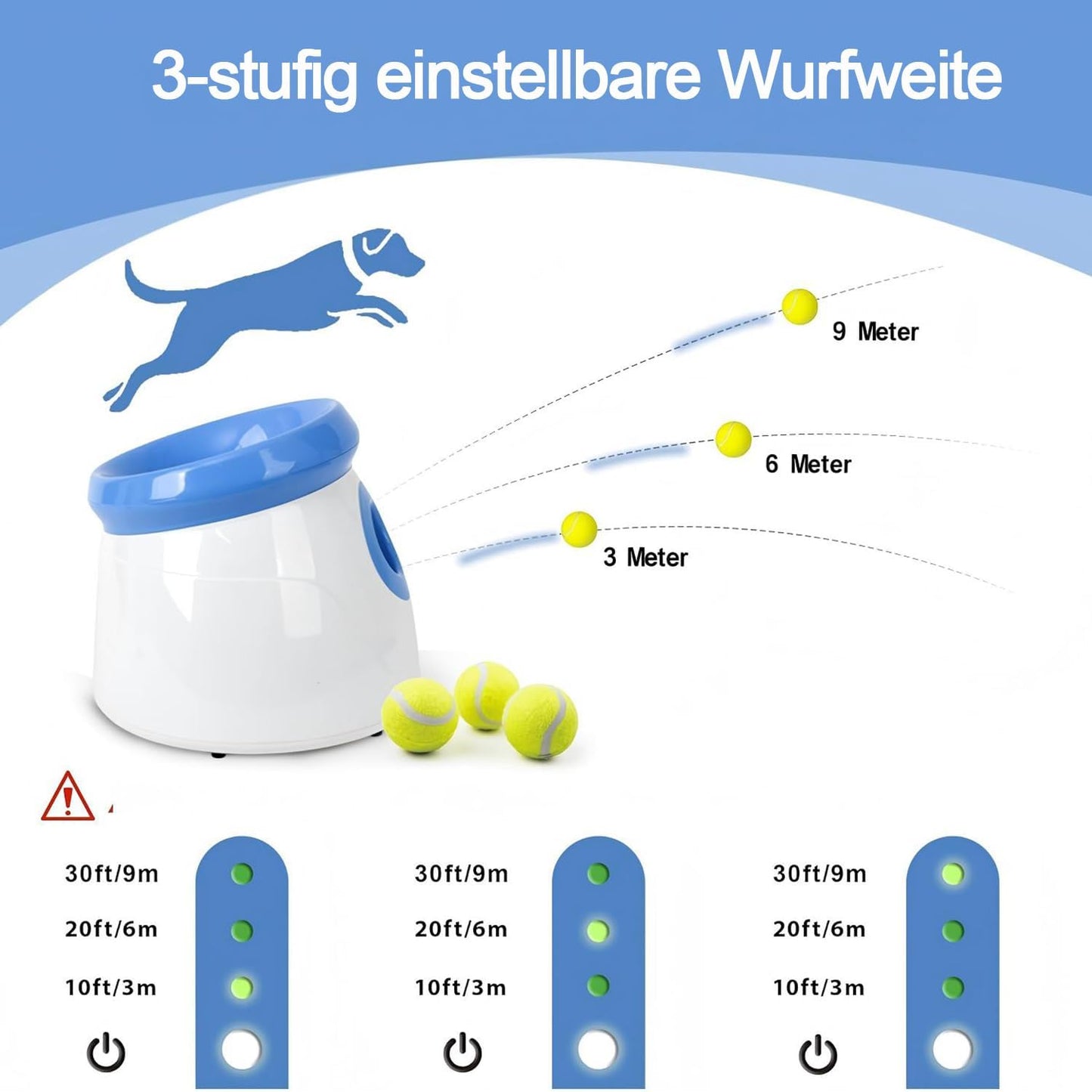 Automatischer Hunde-Ballwerfer mit 3 Tennisbällen, Klein Ballwerfer Blau