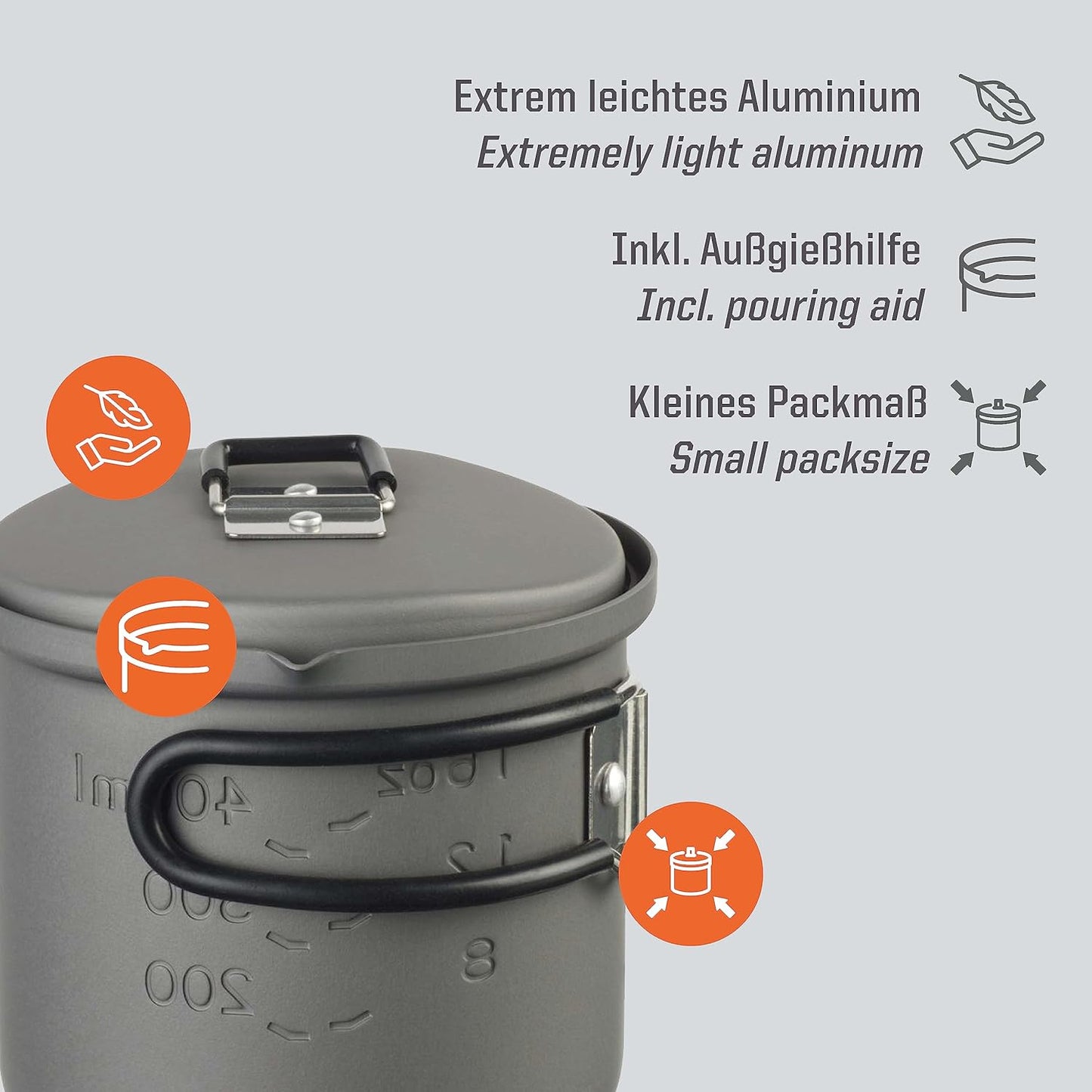 Outdoor Kochtopf 625 ml aus Aluminium mit Deckel, Hartanodisiertes Aluminium 625ML