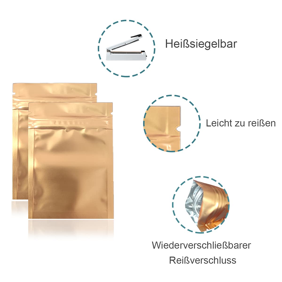 100 Stück Aluminiumfolie Verpackung, Matt Gold 12x18cm (4.7x7.1 inch)