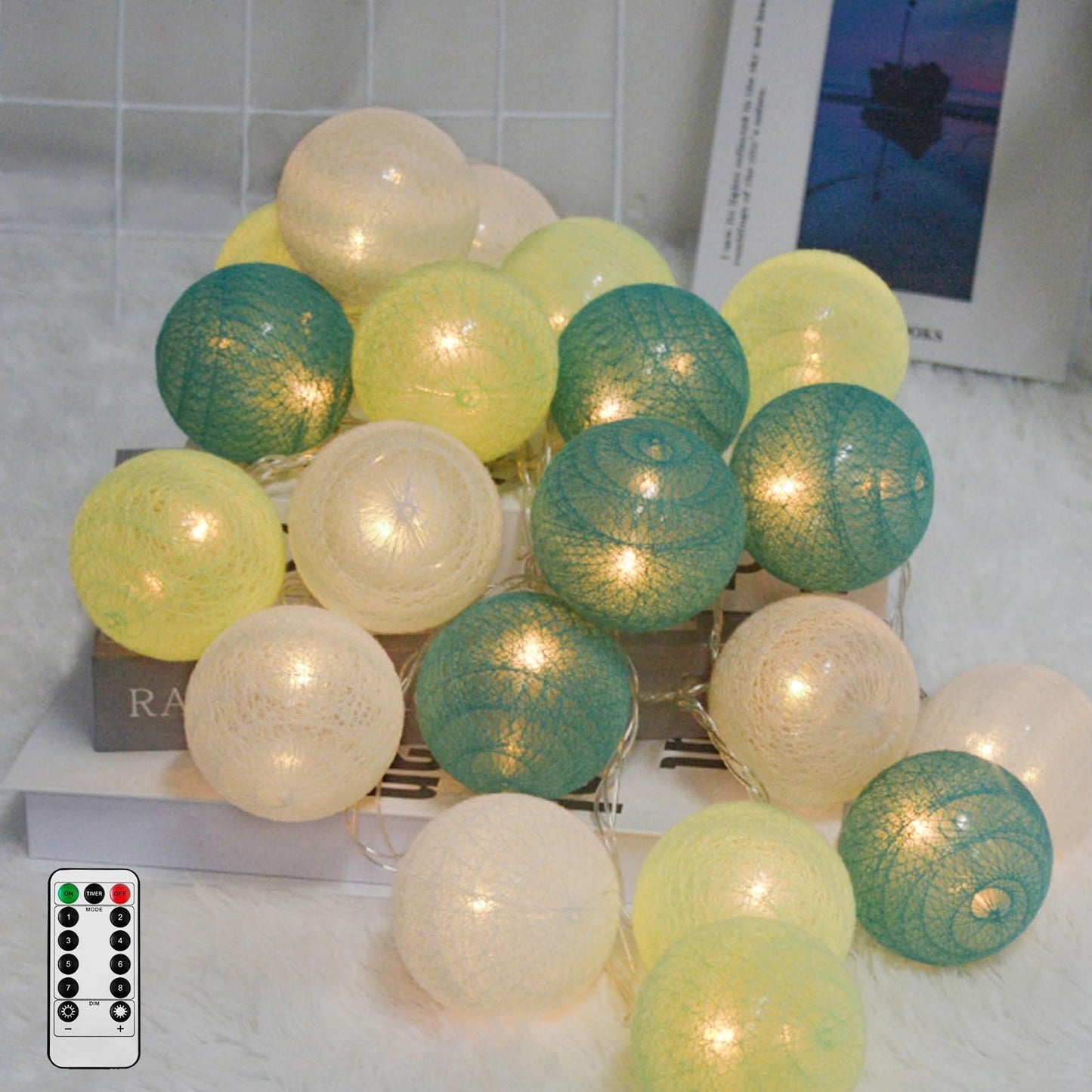 LED Cotton Ball Lichterkette mit Fernbedienung, USB Grün