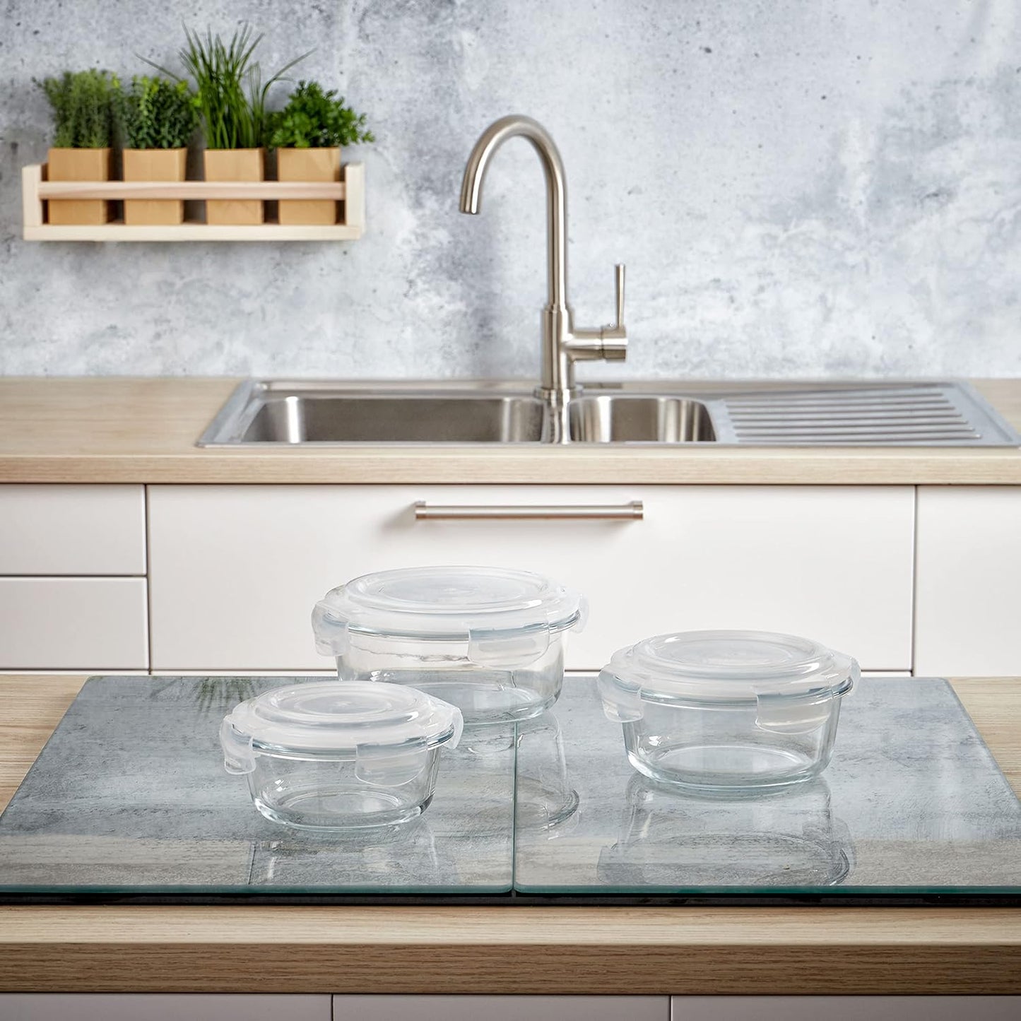 Glas-Frischhaltedosen Set (3 Stück), 1 x 400 ml, 1 x 620 ml, 1 x 950 ml Rund