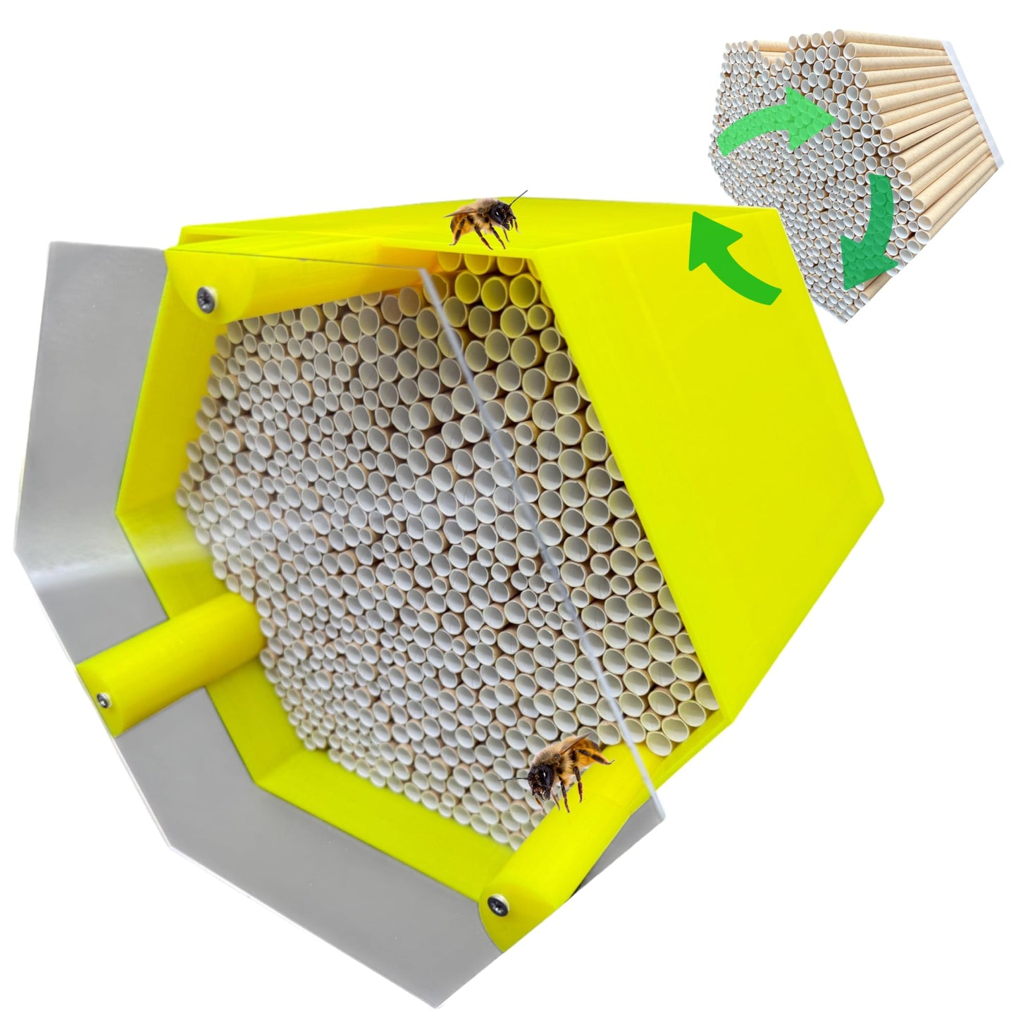 Wildbienen-Nisthilfe mit Vogelschutzabdeckung, Gelb Bienenhotel mit Vogelschutzabdeckung