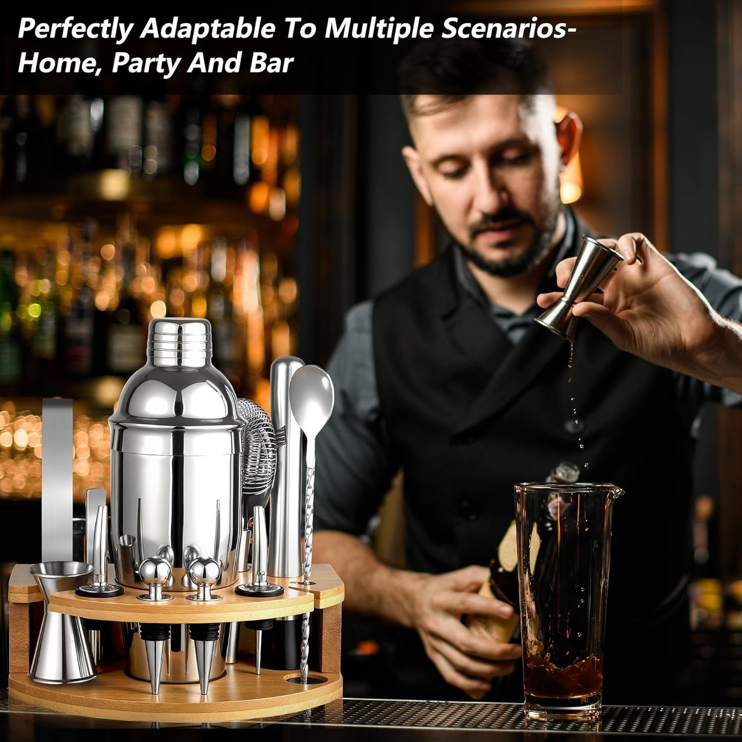 Cocktail Shaker Set mit Bambusständer (12-teilig), Silber-12 Stück
