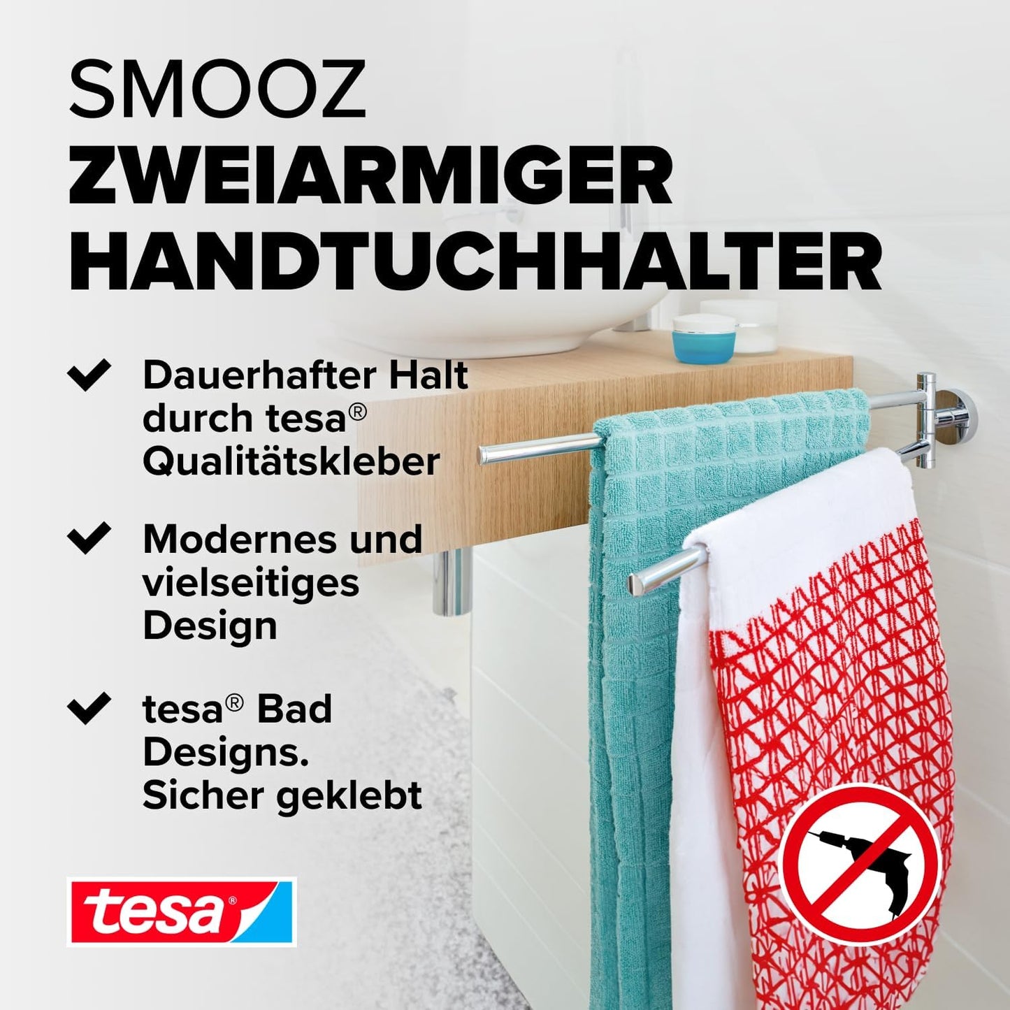 Smooz Handtuchhalter zweiarmig inkl. Klebelösung ohne Bohren, 50mm x 82mm x 455mm Handtuchhalter (2-armig)