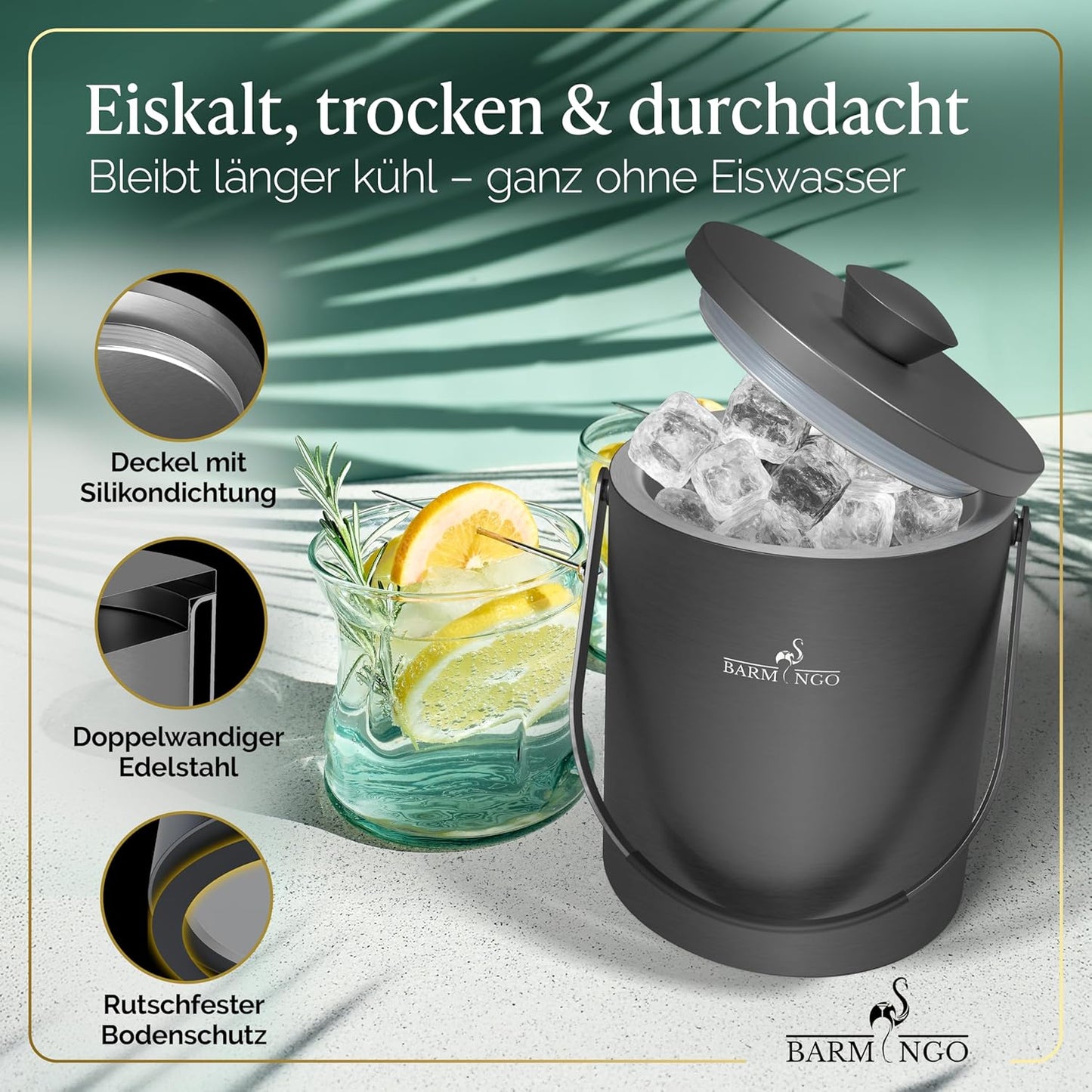 Eiswürfelbehälter mit Deckel, 2000 ml Metallic-Schwarz