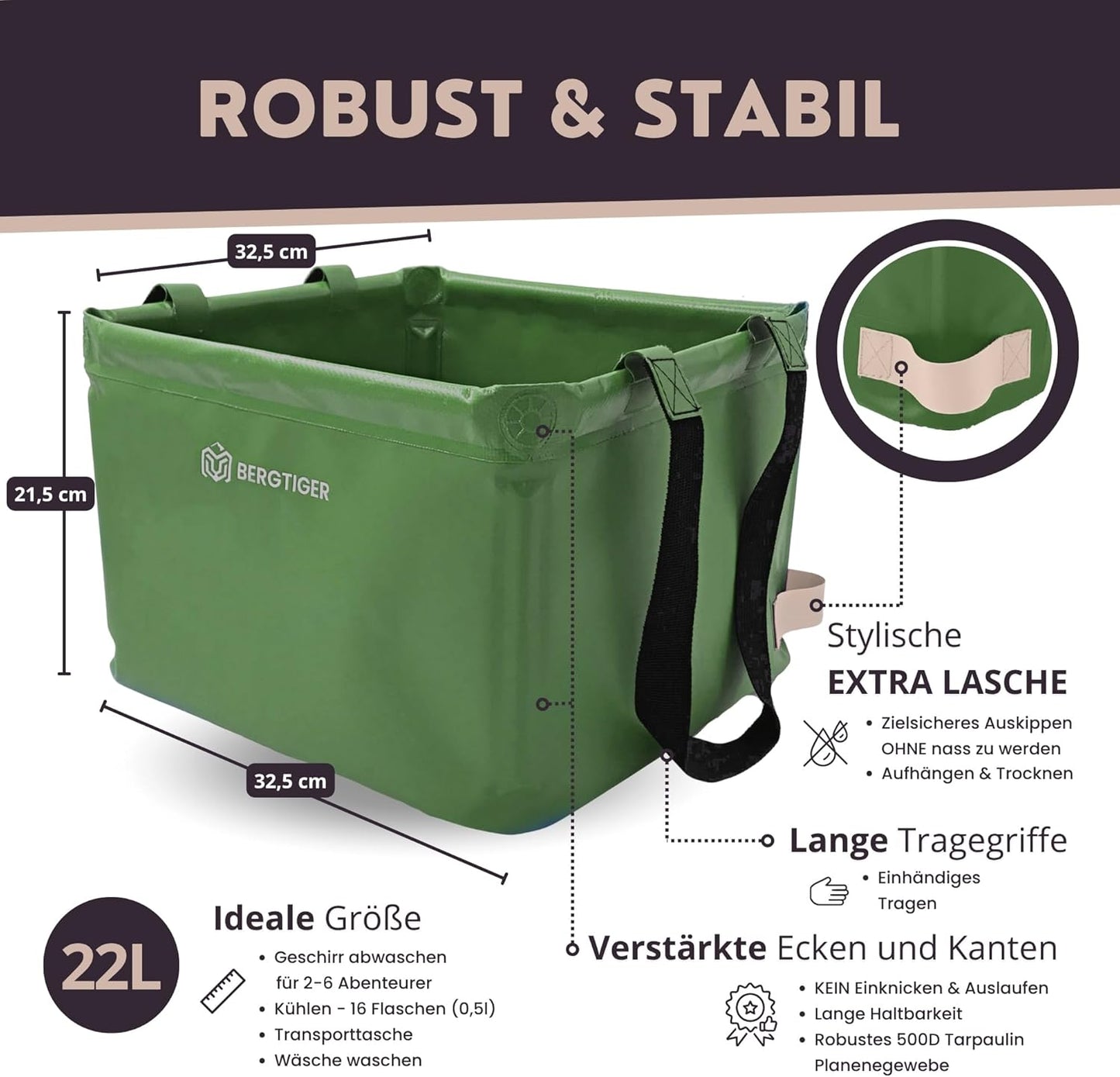 Faltbare Camping-Spülschüssel mit Griff, Olivegrün / Khaki - 22 Liter
