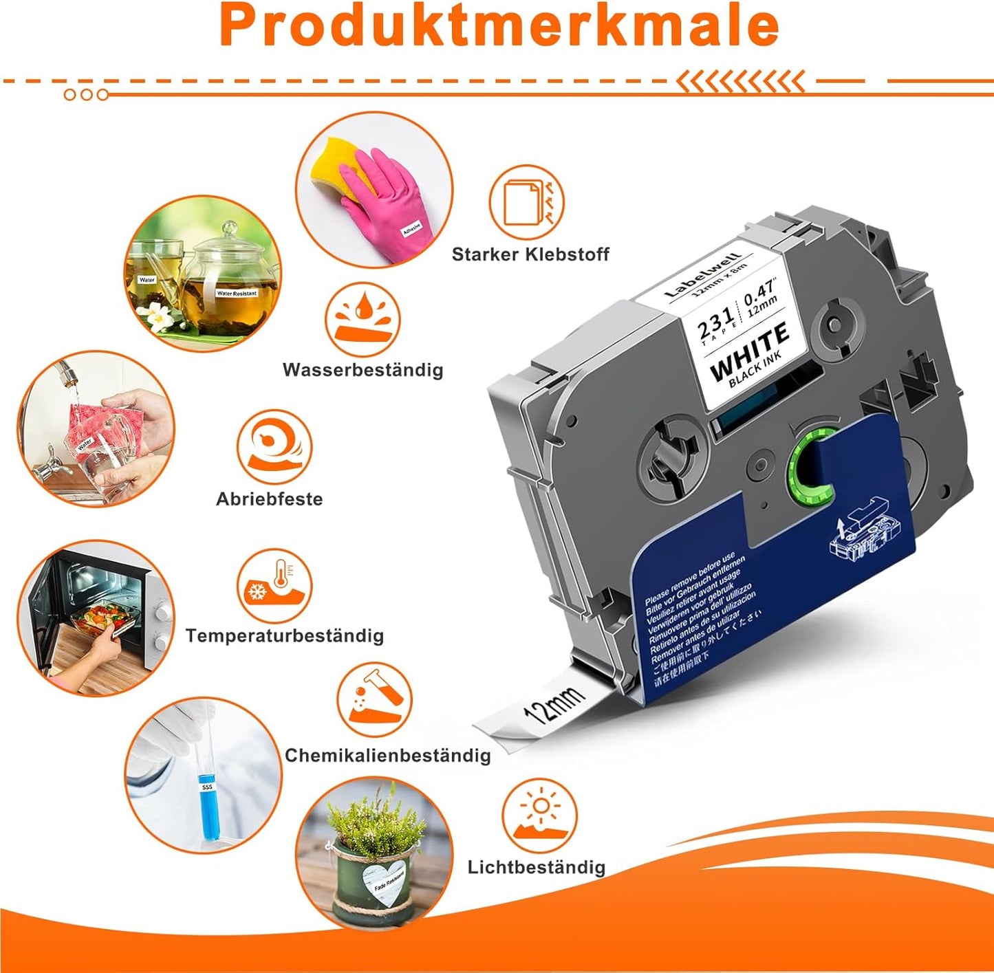 6-teiliges laminiertes Schriftband-Set für TZe-231 TZ, 12mm, 6, 12mm x 8m