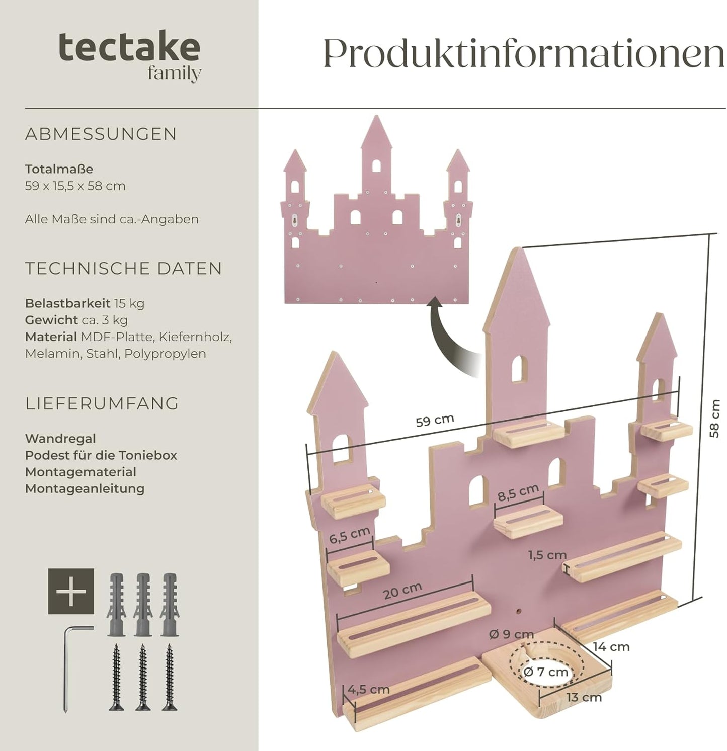 Holzregal für Toniefiguren, Märchenschloss Rosa