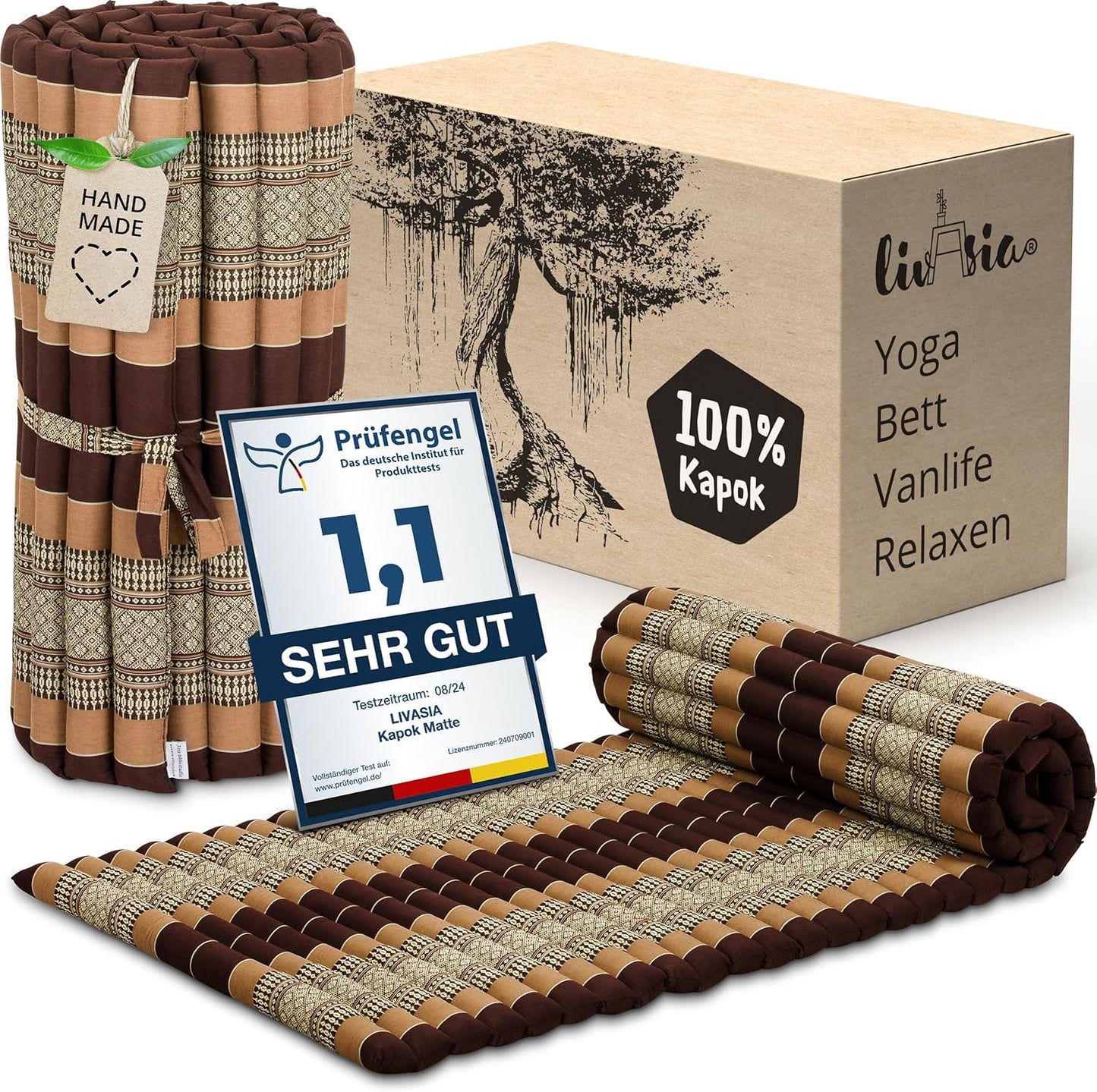 Rollmatratze aus Kapok für Gäste und Reisen, M (200 x 75 cm) Braun