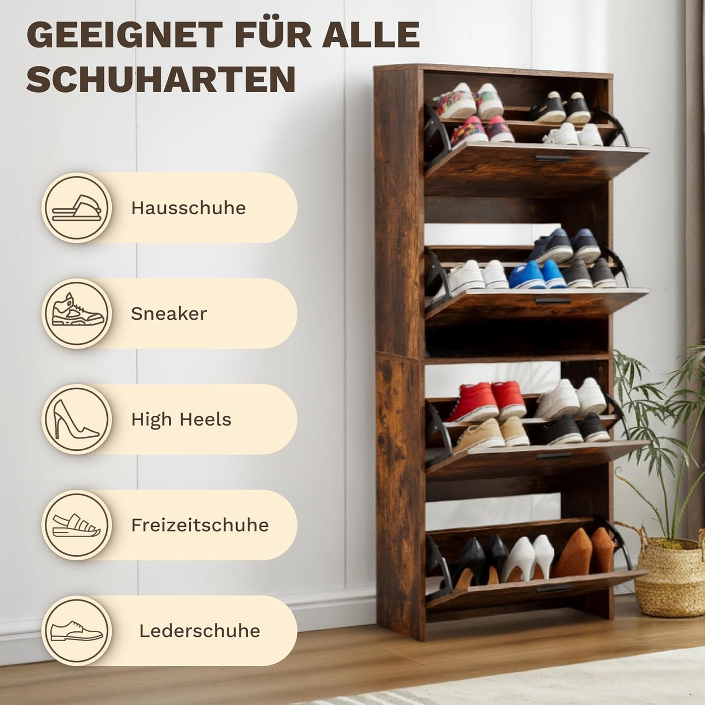 Schmaler Schuhschrank mit 4 Fächern, 4 Fächer Rustikal