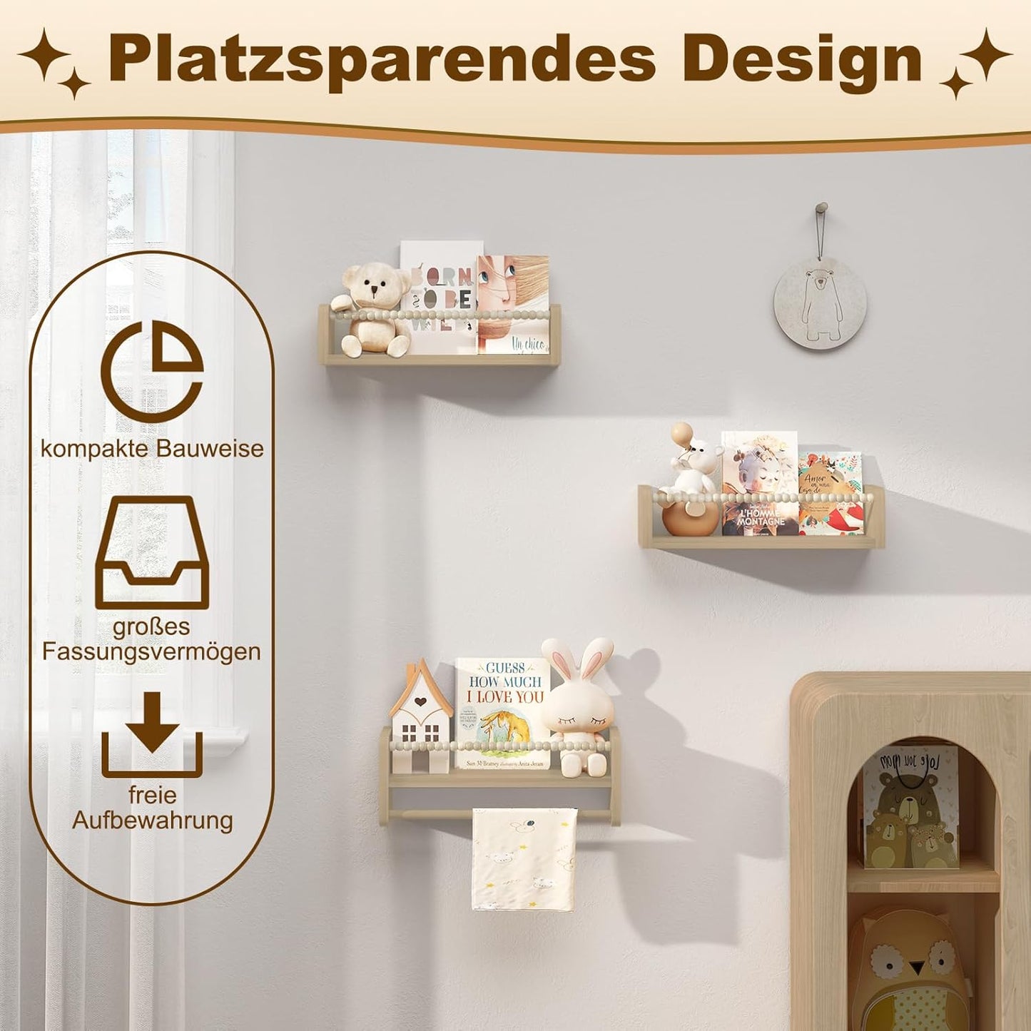 Kinder-Bücherregal, 40 x 15 x 14 cm Naturholzfarbe