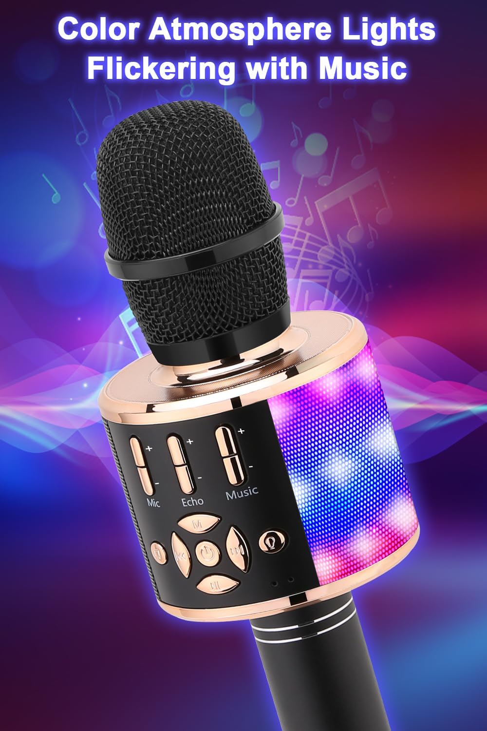Kabelloses Bluetooth-Kindermikrofon mit LED-Lichtern, Schwarzes Gold
