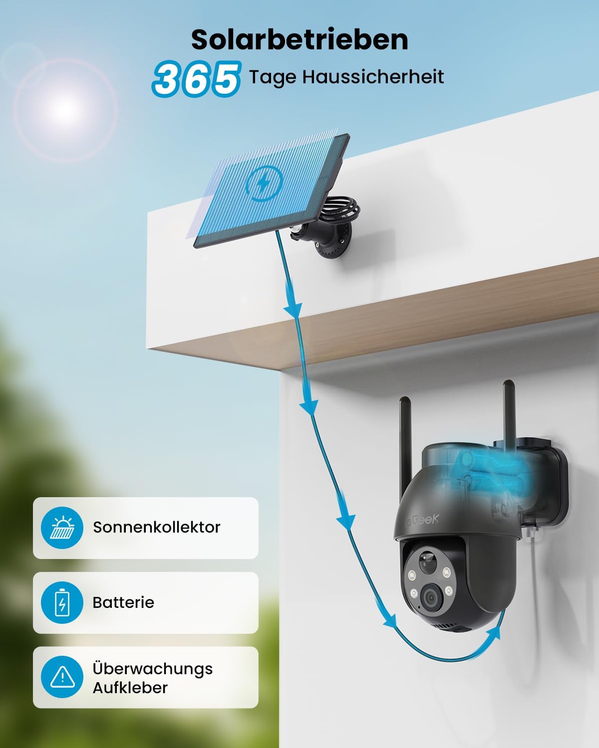 2K 3MP HD Solar-Überwachungskamera, 360° PTZ, 2 Stück, Schwarze 2