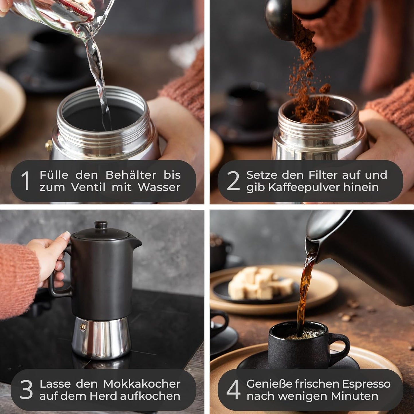 Espressokocher für Induktion (300ml), Espressokocher Schwarz