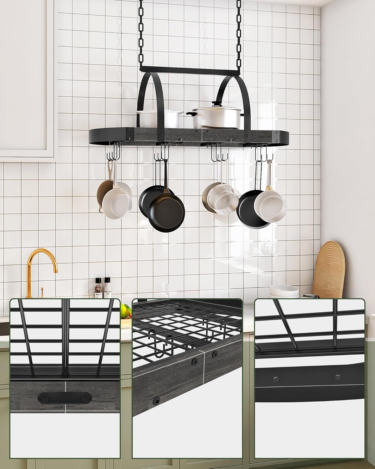Hängendes Küchenregal mit 12 S-Haken, Schwarz
