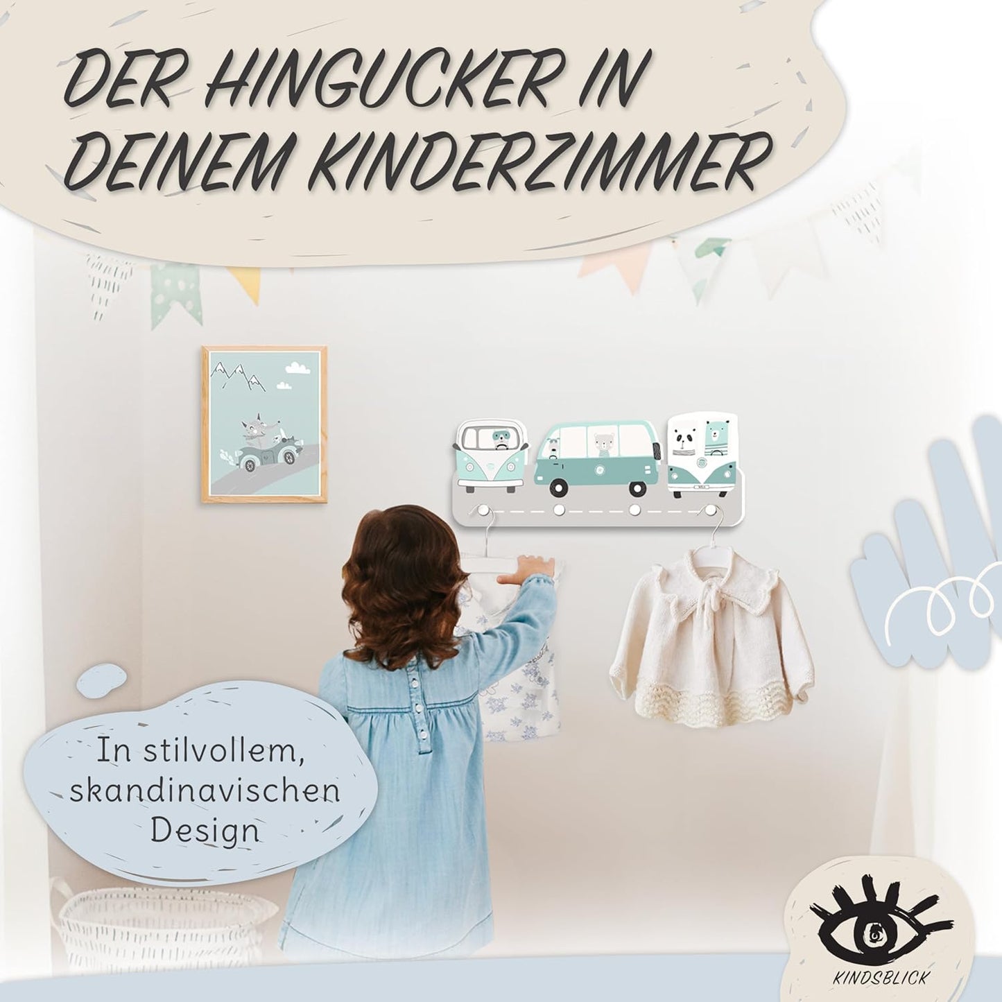 Kindergarderobe mit 4 Haken, Wild Cars Mintgrün