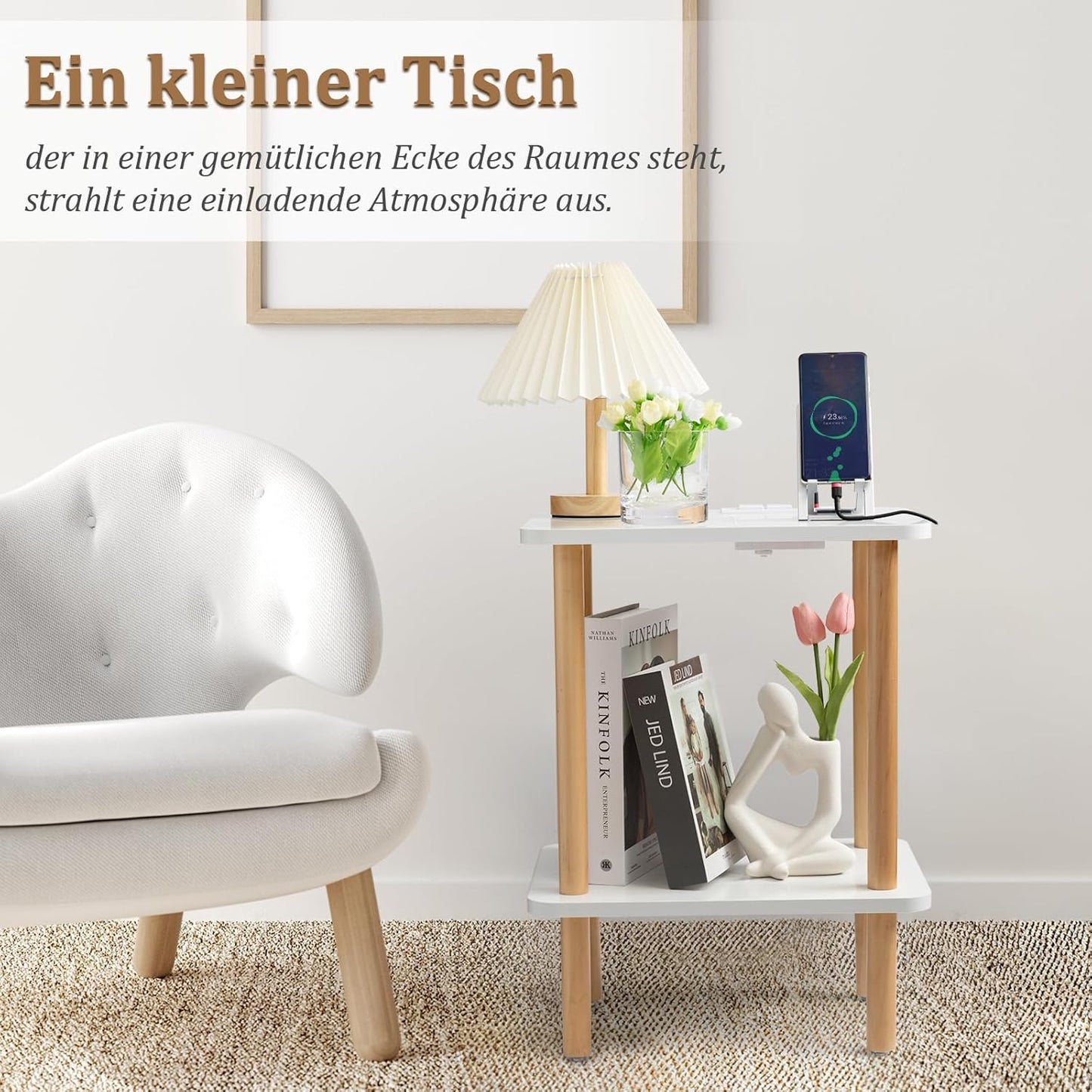 Beistelltisch mit Ladestation, 2 Ebenen Weiß
