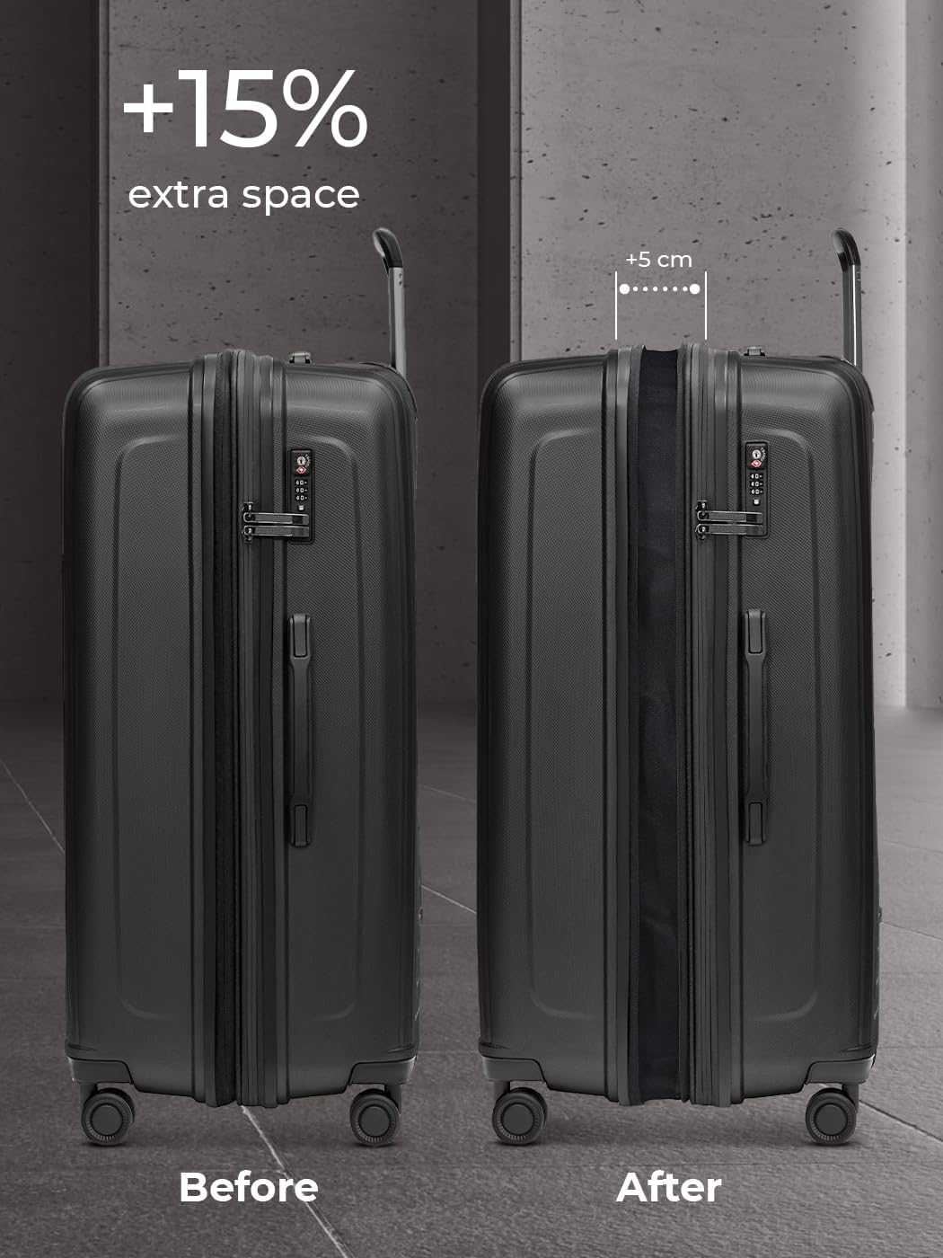 Essentials 14 3-Set 4-Rollen Kofferset 3 teilig, Black Metallic Trolley 3-SET erweiterbar
