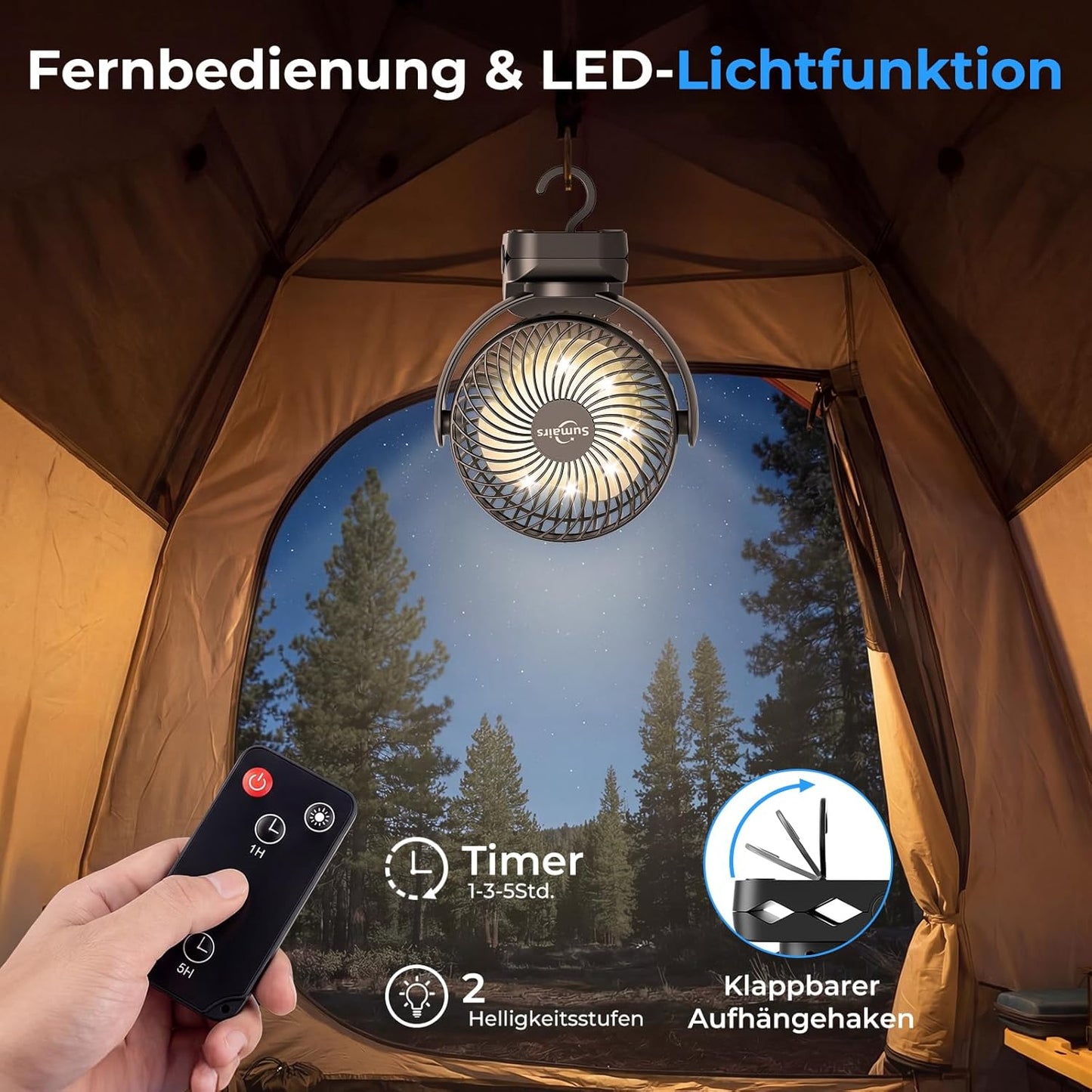 Tragbarer USB-Campingventilator mit Akku und Lampe, 14cm