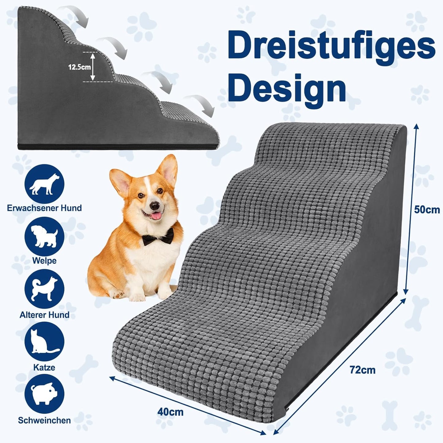 Haustiertreppe, 4 Stufen Grau Hundetreppe
