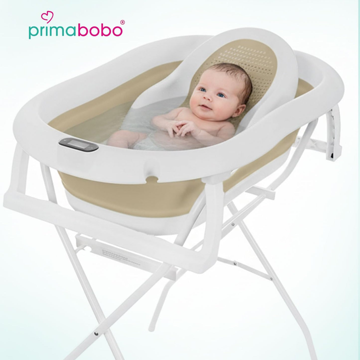 Faltbare Babybadewanne mit Badesitz und Thermometer, Premium Beige (Gestell, Badesitz, Thermometer) Faltbare Babybadewanne mit Gestell