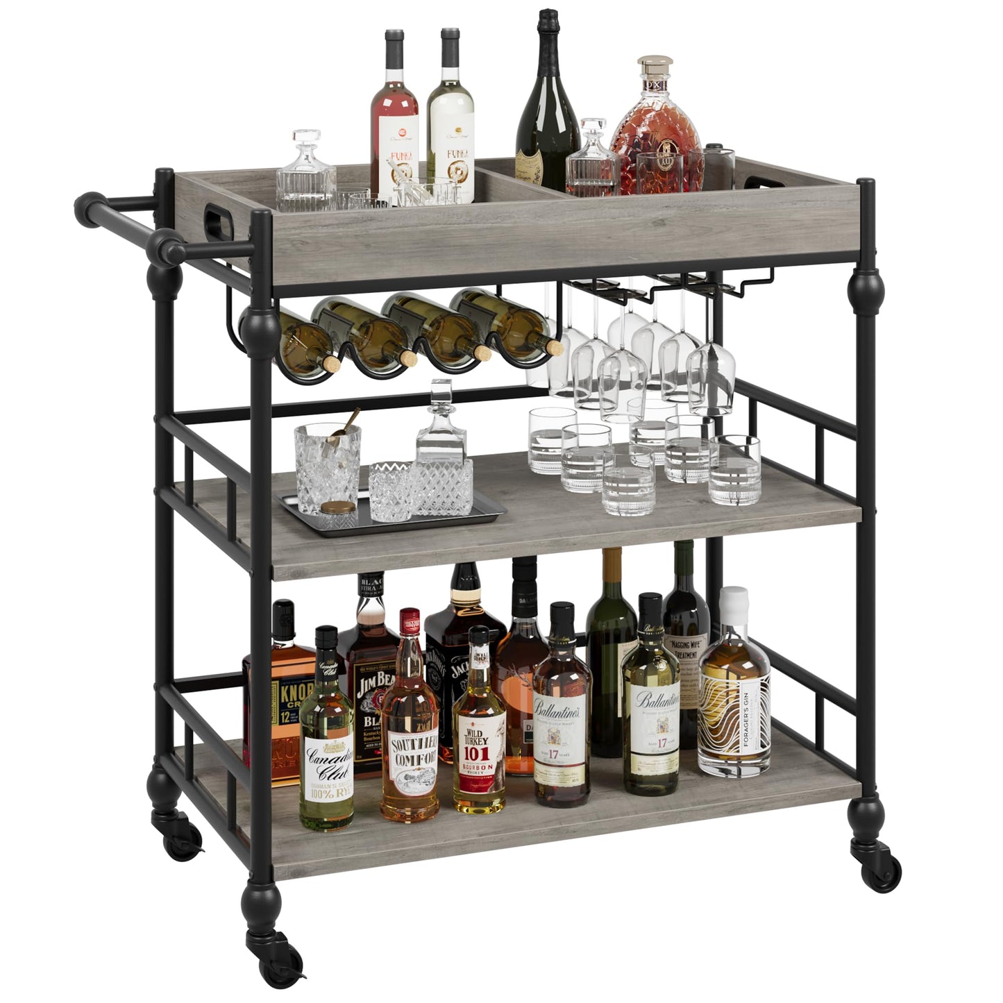 Servierwagen mit Weinregal und abnehmbarem Tablett, Grau
