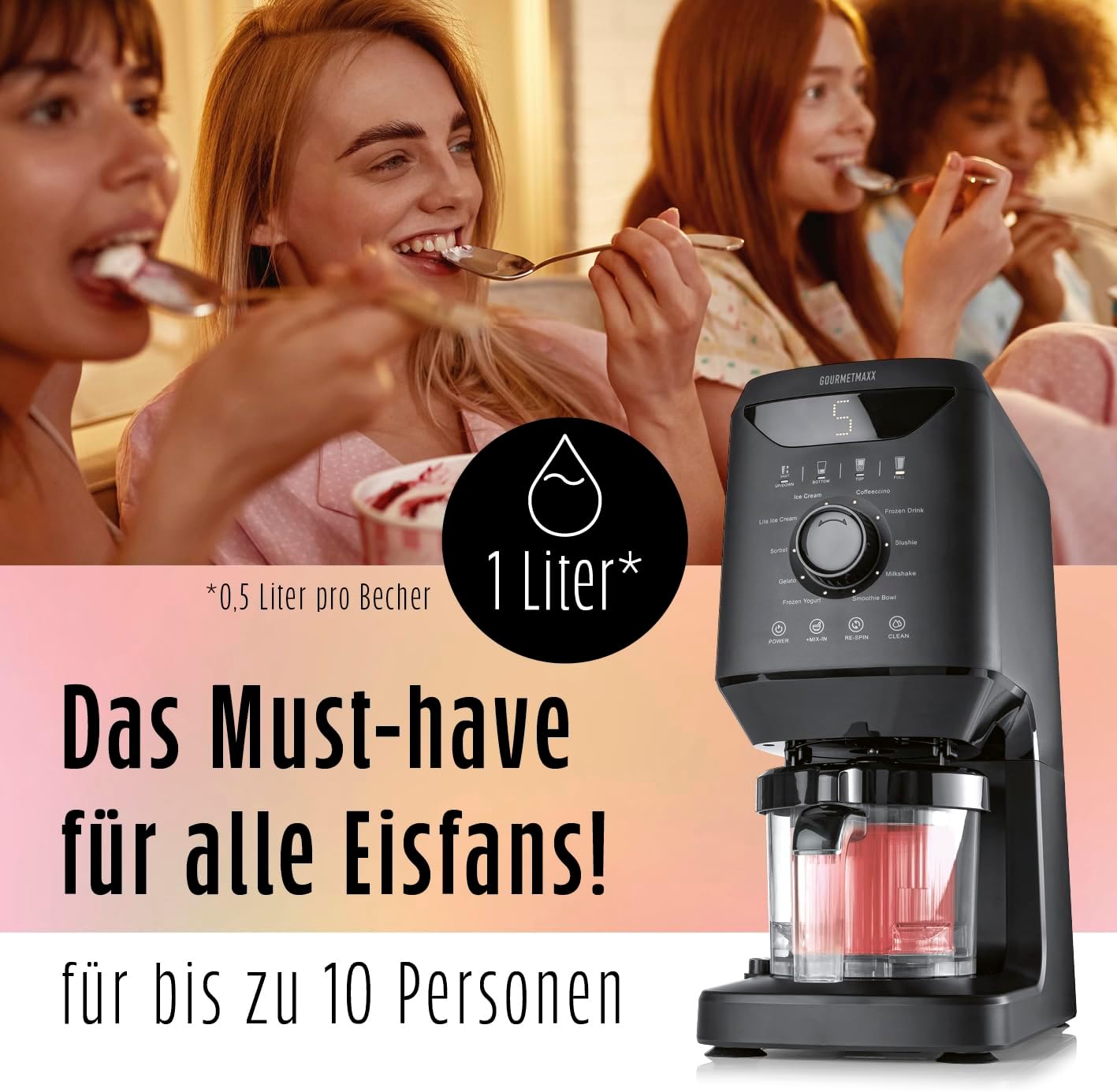 SmoothUp Eiscreme-Maschine mit 10 Programmen, Eismaschine 800W schwarz