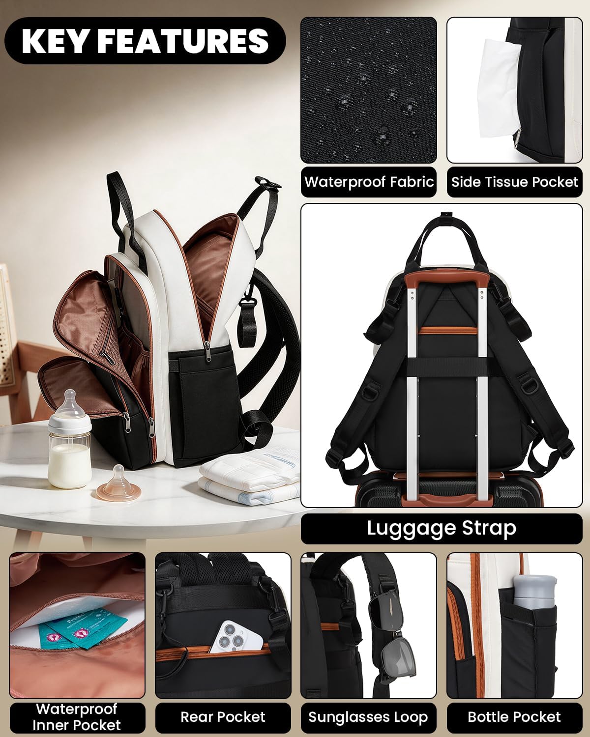 Wickelrucksack mit Kinderwagengurten, Schwarz&beige