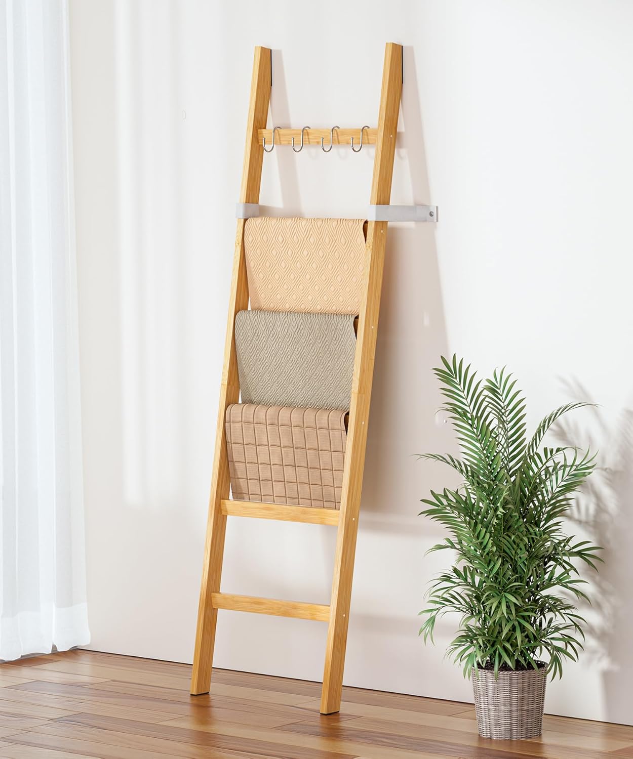 Handtuchleiter mit 6 Sprossen und Sicherheitsriemen, Bambus