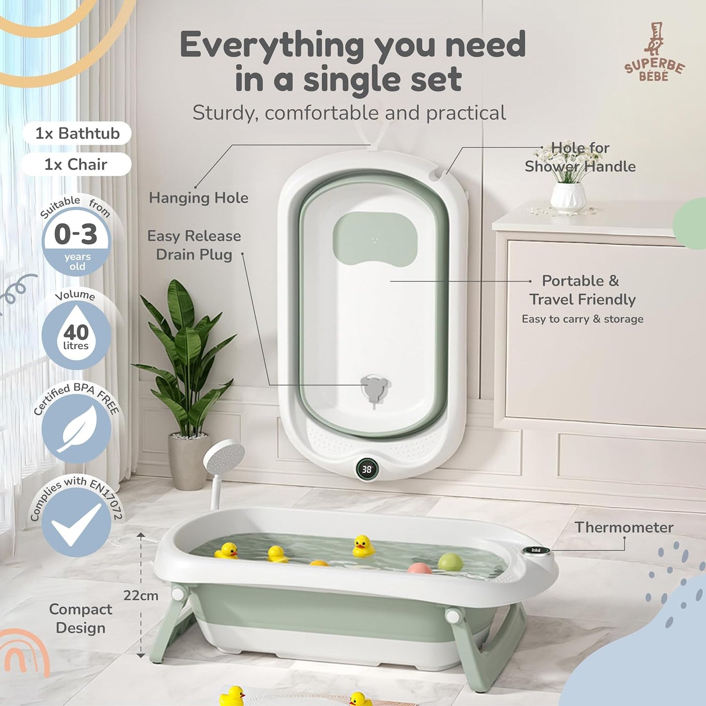 Faltbare Baby-Badewanne mit Badethermometer, Babywippe GRÜN