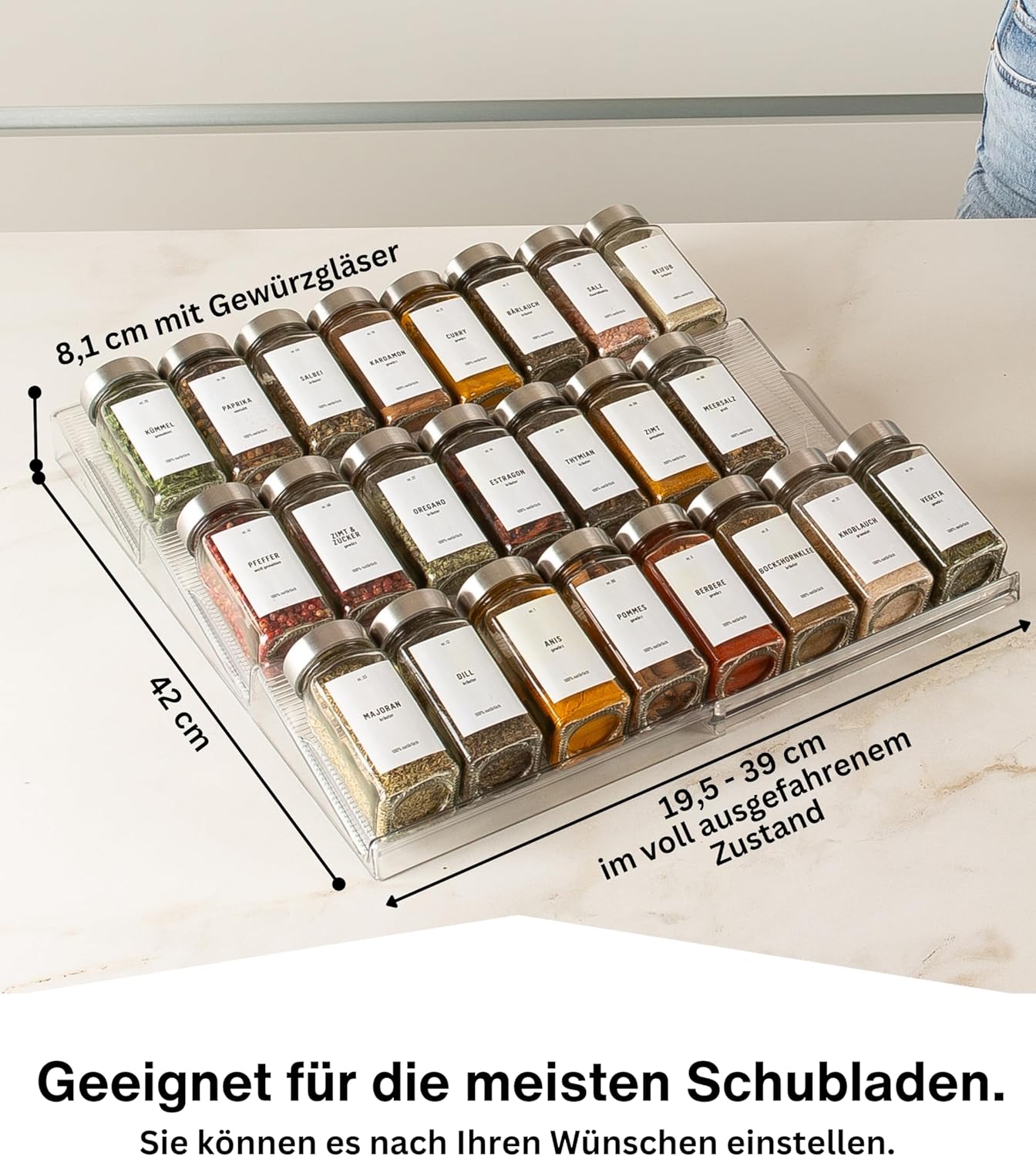 Gewürzgläser-Set mit Schubladeneinsatz, 24 Stk, ausziehbar, Chrom, Deckel Edelstahl