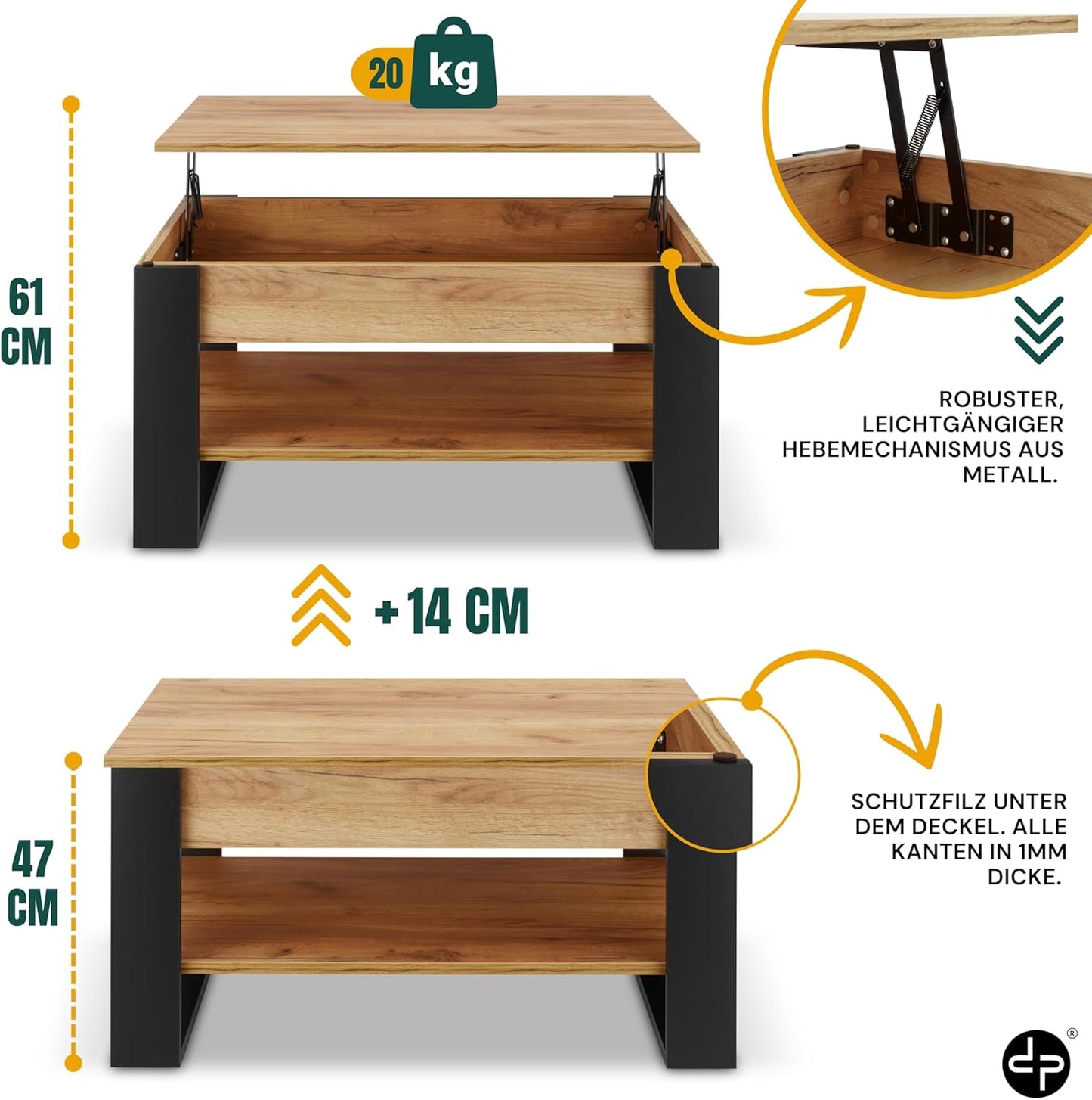 Höhenverstellbarer Couchtisch mit Stauraum, Schwarz + Eiche